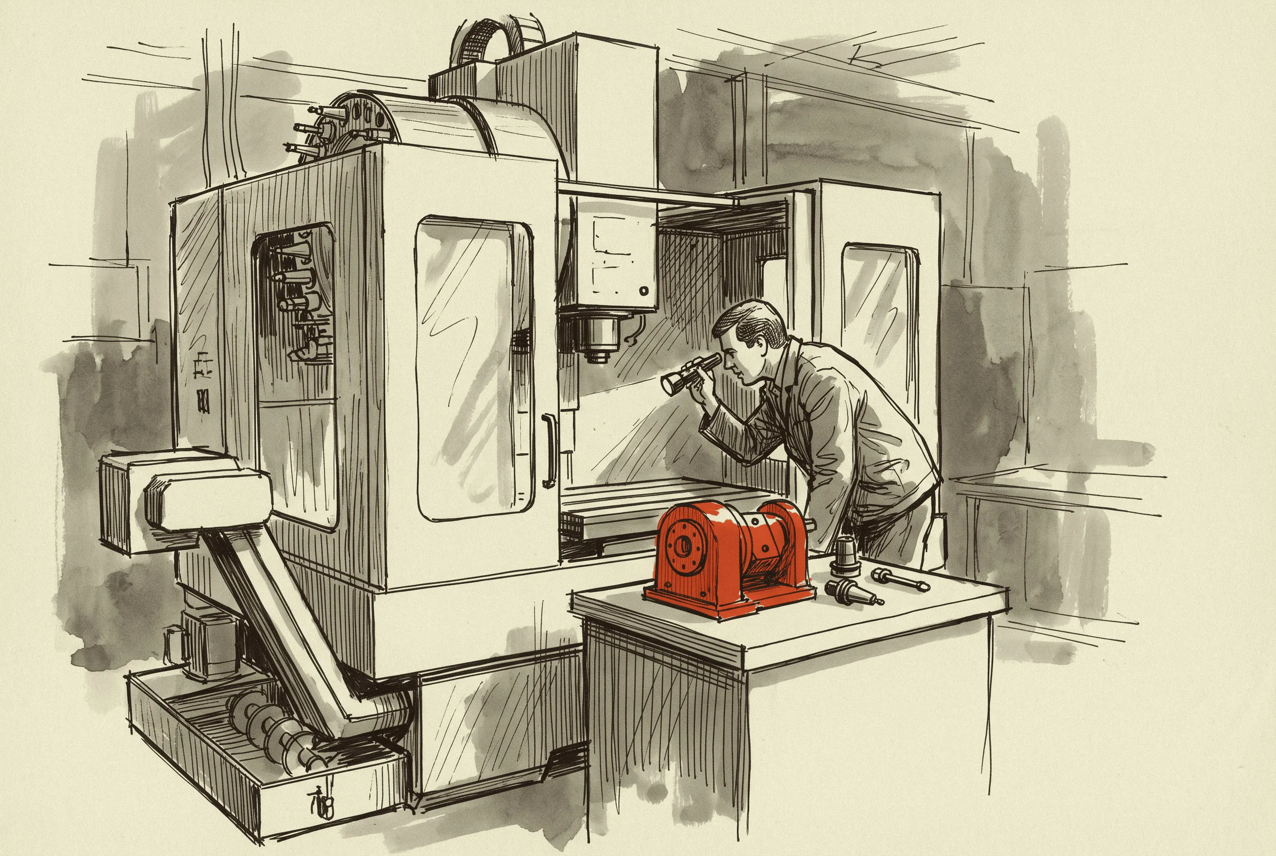 A five-year-old machining center open for inspection with its fourth-axis unit set on the table.