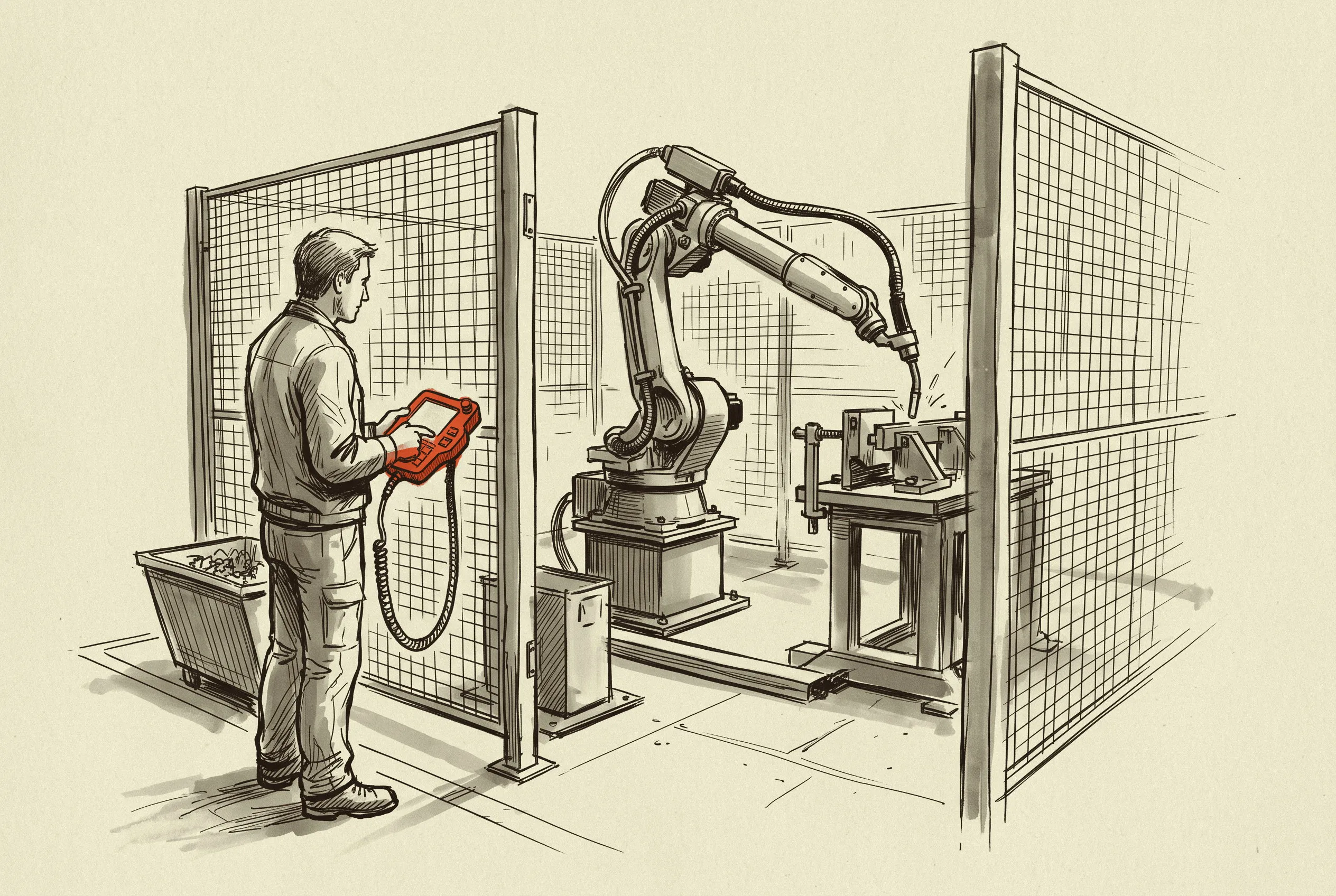 A conventional six-axis arm working inside a fenced welding cell while an operator jogs it from the gate.