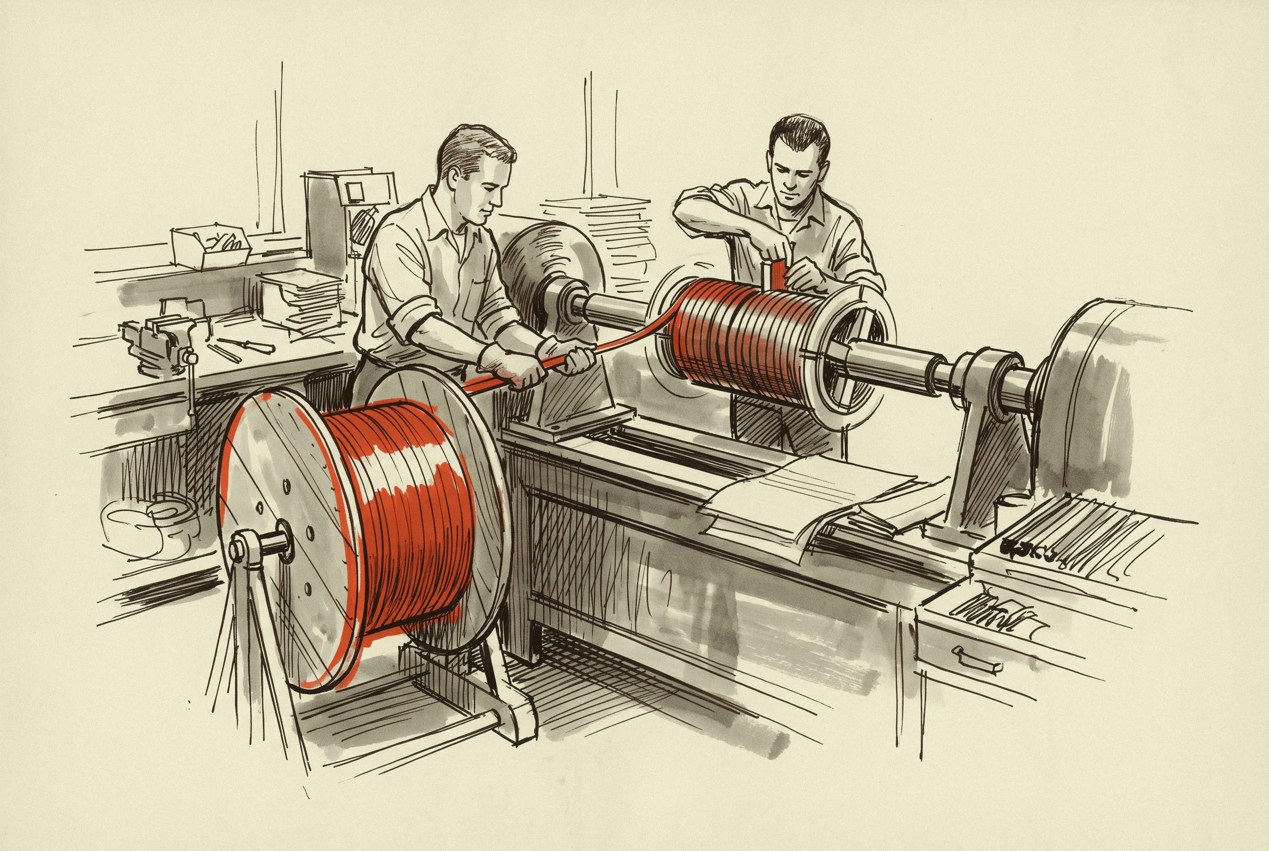 Copper conductor being wound onto a coil, one of the two inputs that make up roughly half of a large transformer's production cost.