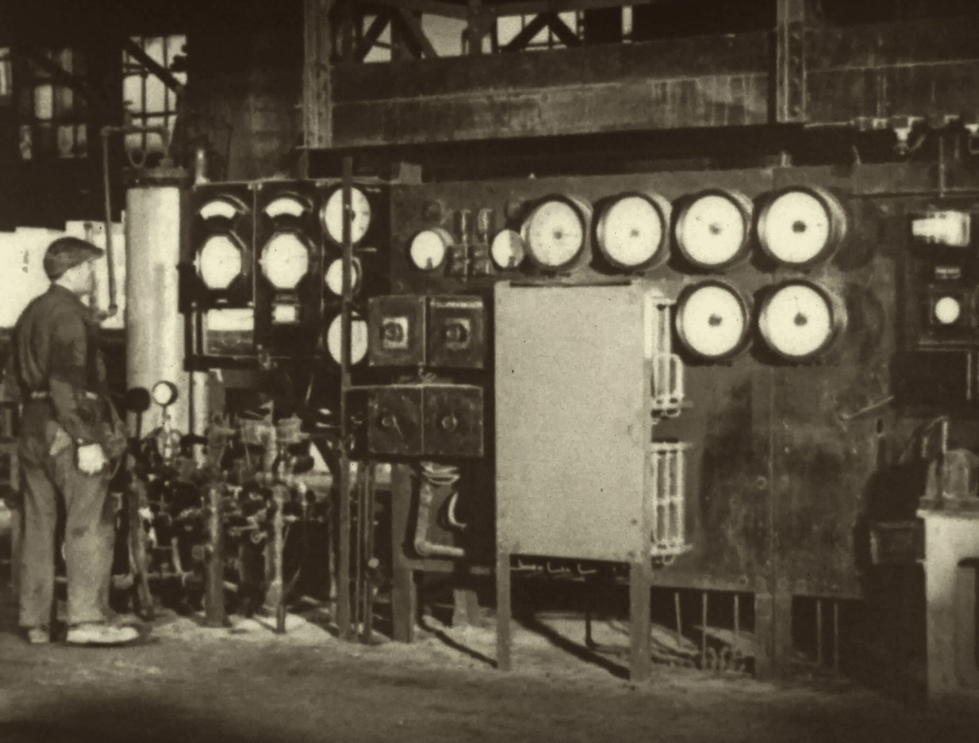 Control panel in an Armco rolling mill, film still, 1938