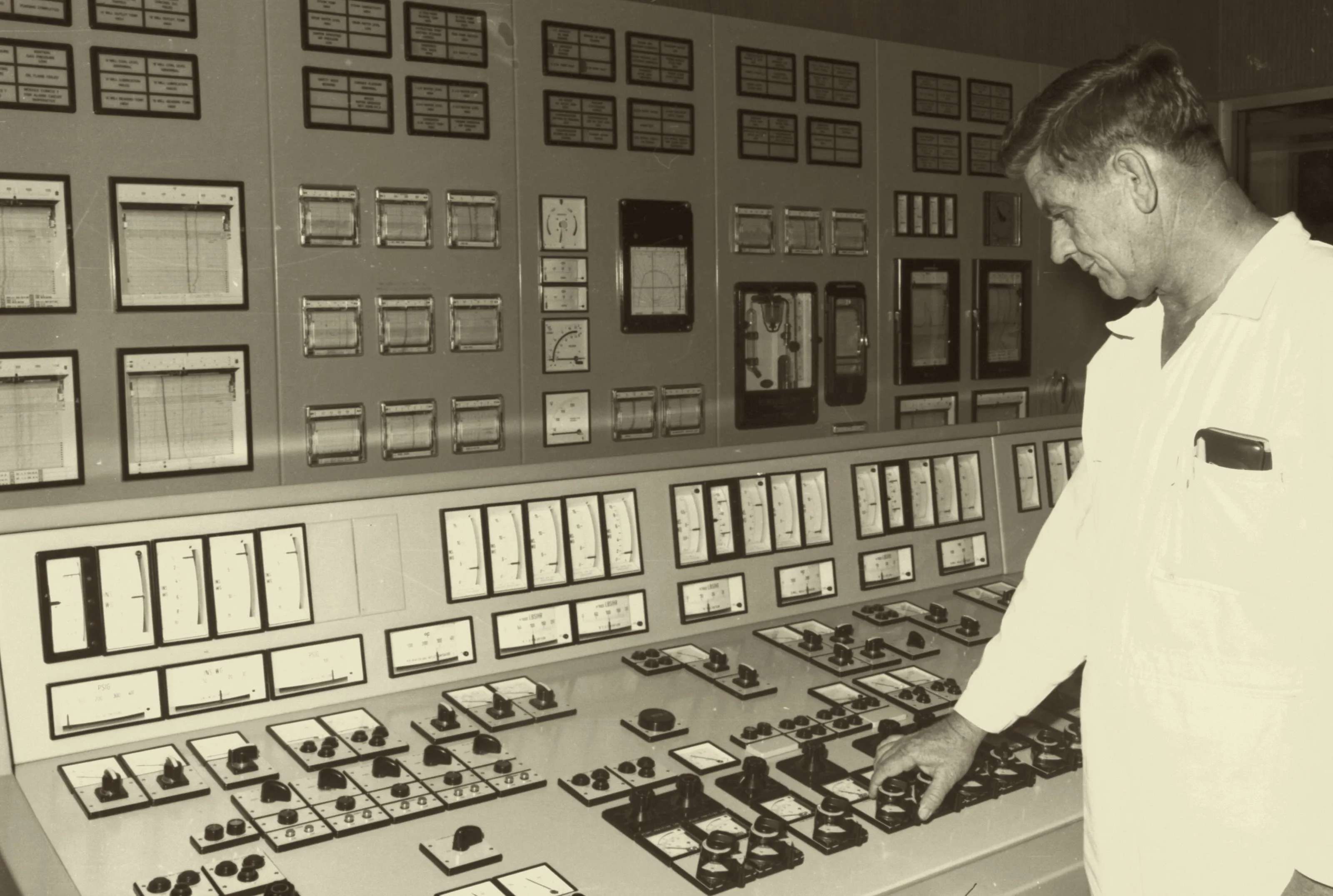 Operator at the control panel, Callide Power Station, Queensland, c. 1967