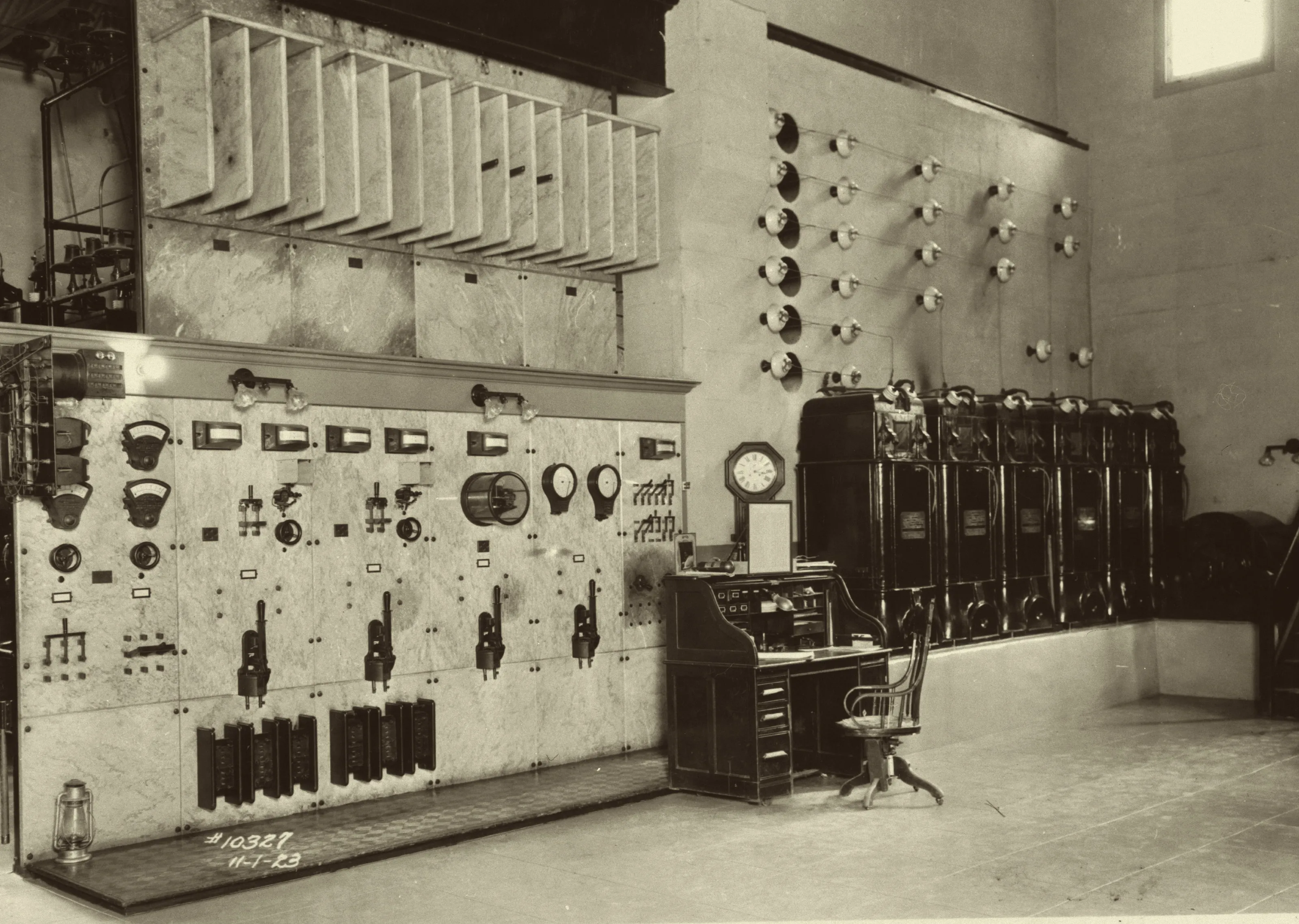 Switchboard, operator's desk and transformer bank, Santa Ana River powerhouse No. 2, California, 1923