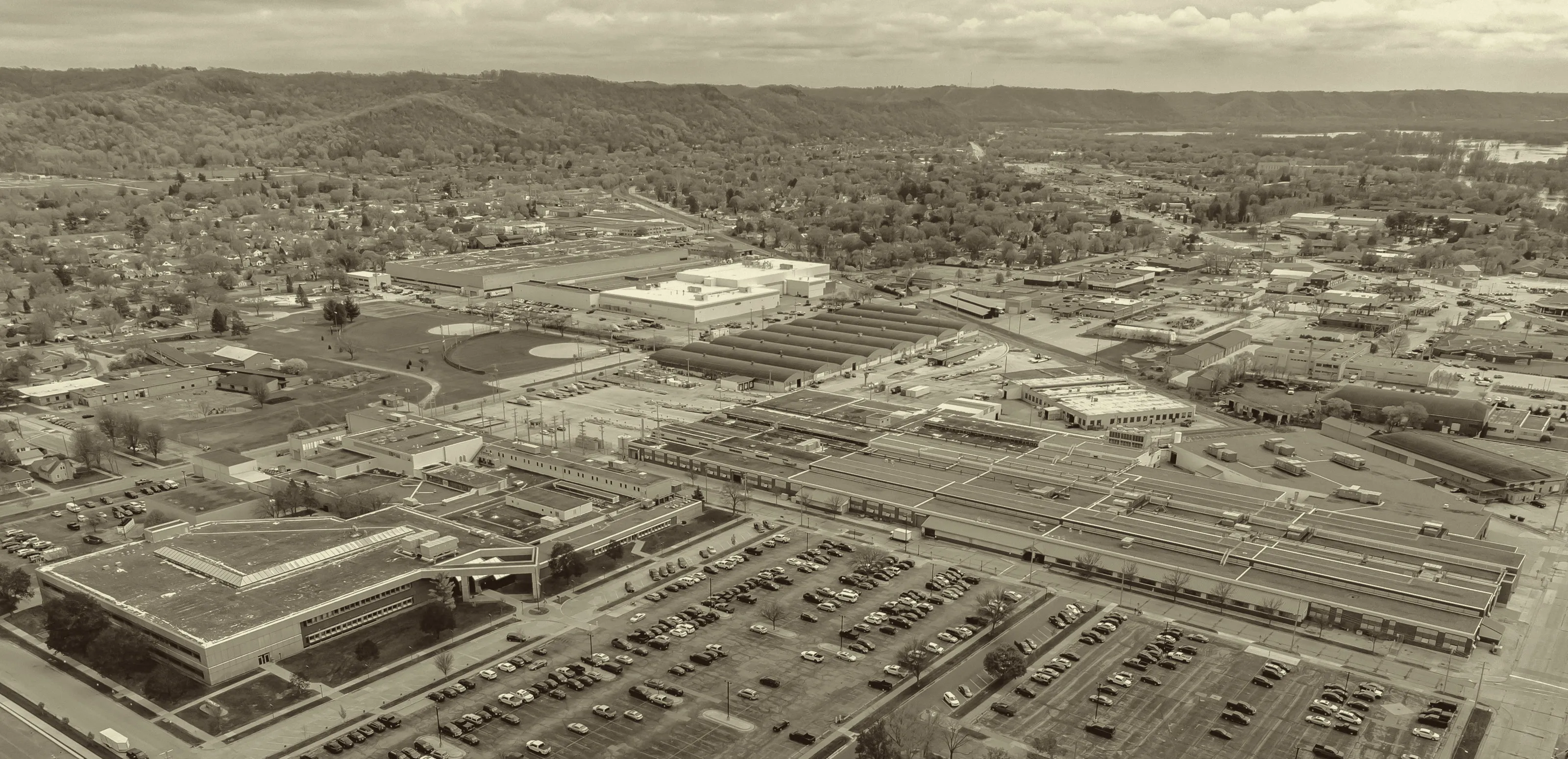Trane plant buildings from the air, La Crosse, Wisconsin, 2023