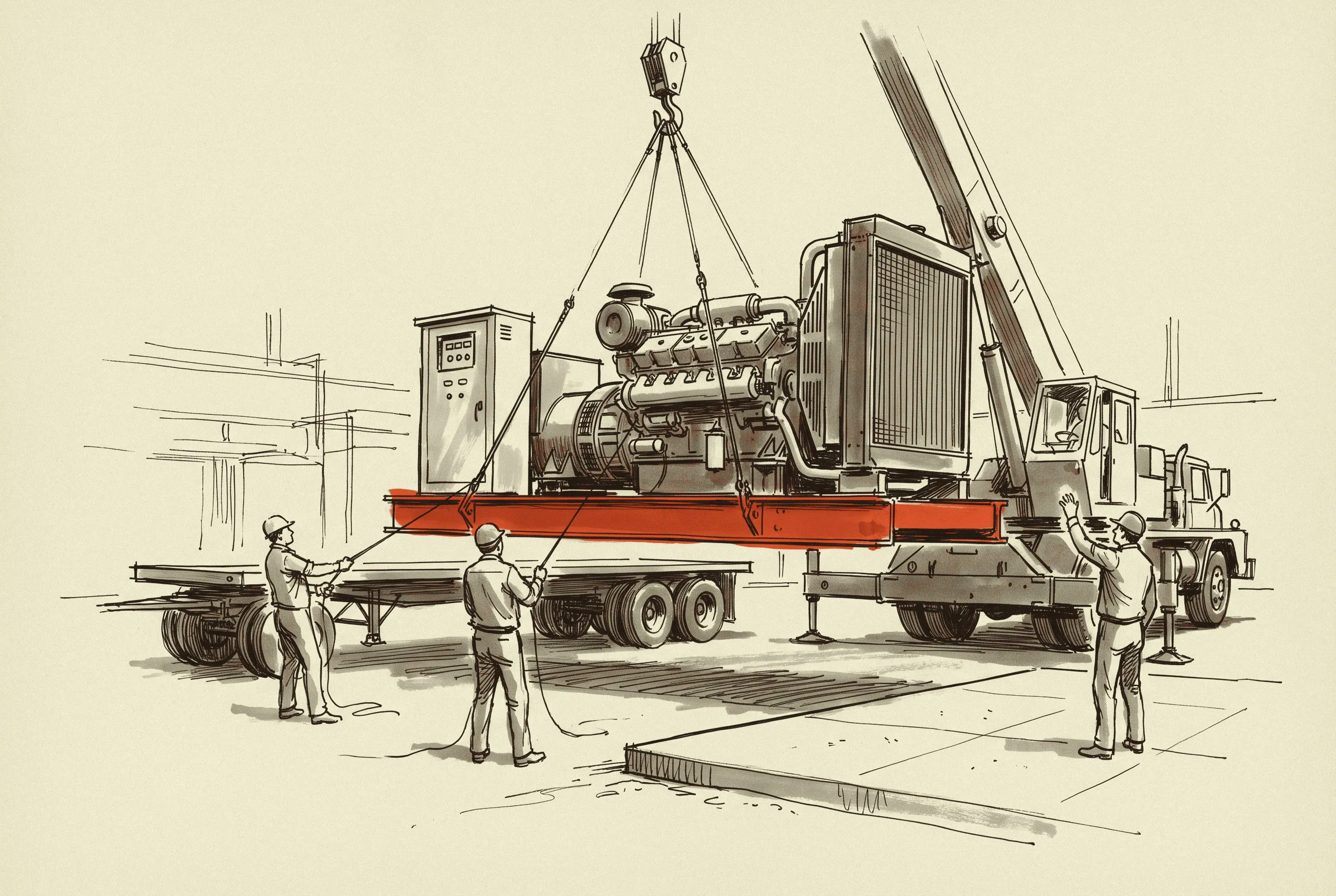 A 500 kW set coming off the trailer onto its pad, the stationary version of a rating that also ships on wheels.