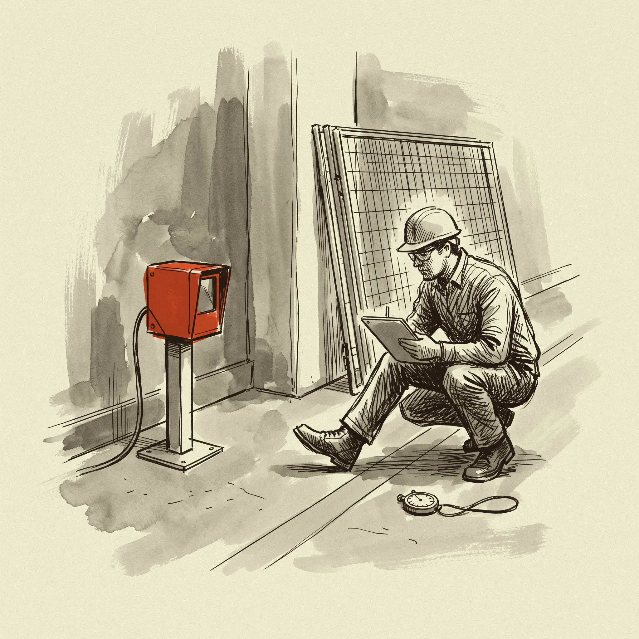 A floor scanner being walk-tested at the edge of a cobot cell that needs no fence.