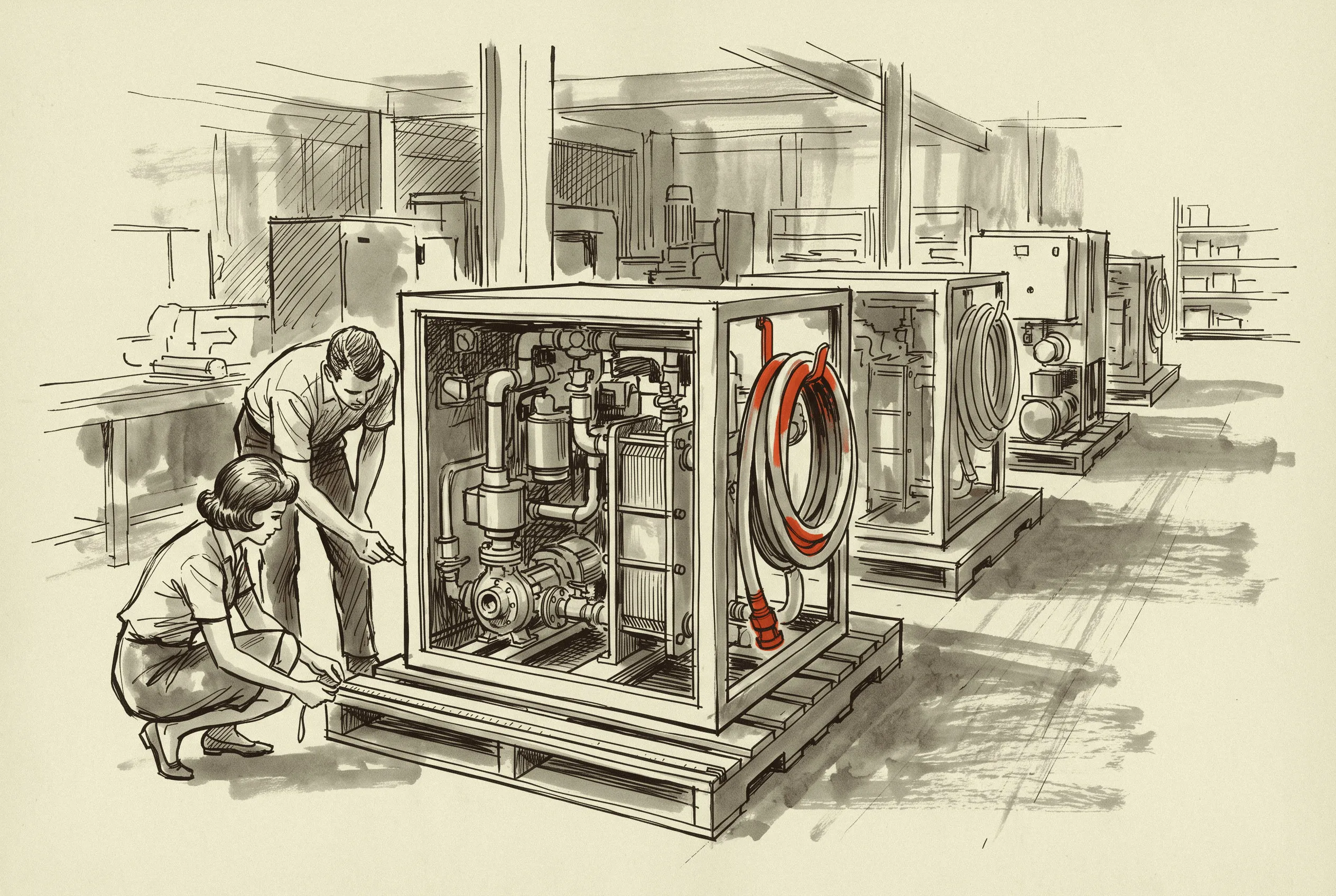 A coolant distribution unit on its pallet being measured in a staging aisle before shipment.
