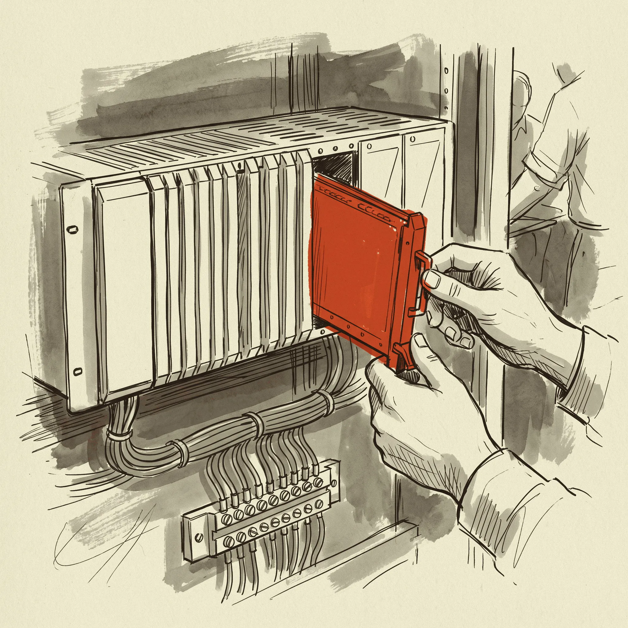An analog input card being pulled from a modular controller rack.