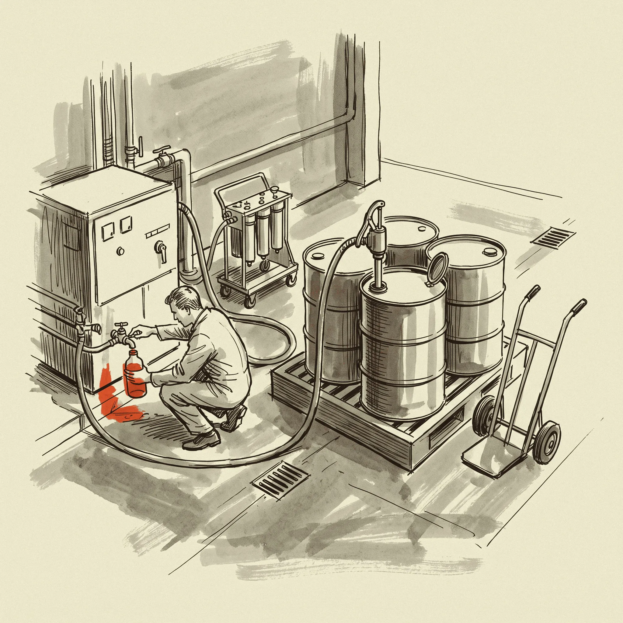 Drawing a coolant sample from the return line during a fluid service visit.