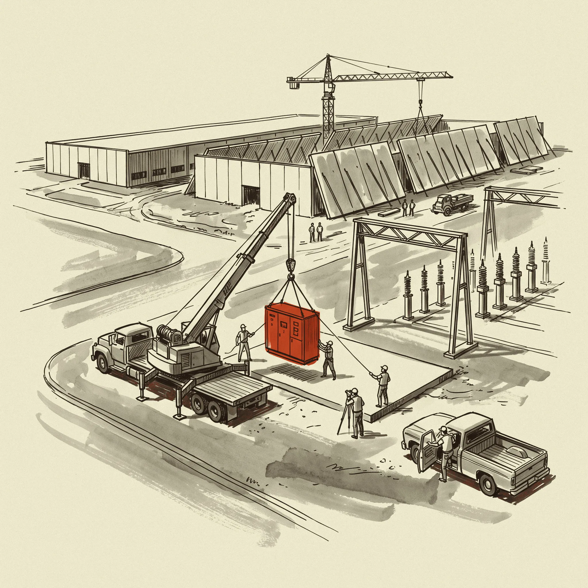 A data center campus switchyard taking delivery of its switchgear, in one of the territories where requested load runs to tens of gigawatts.