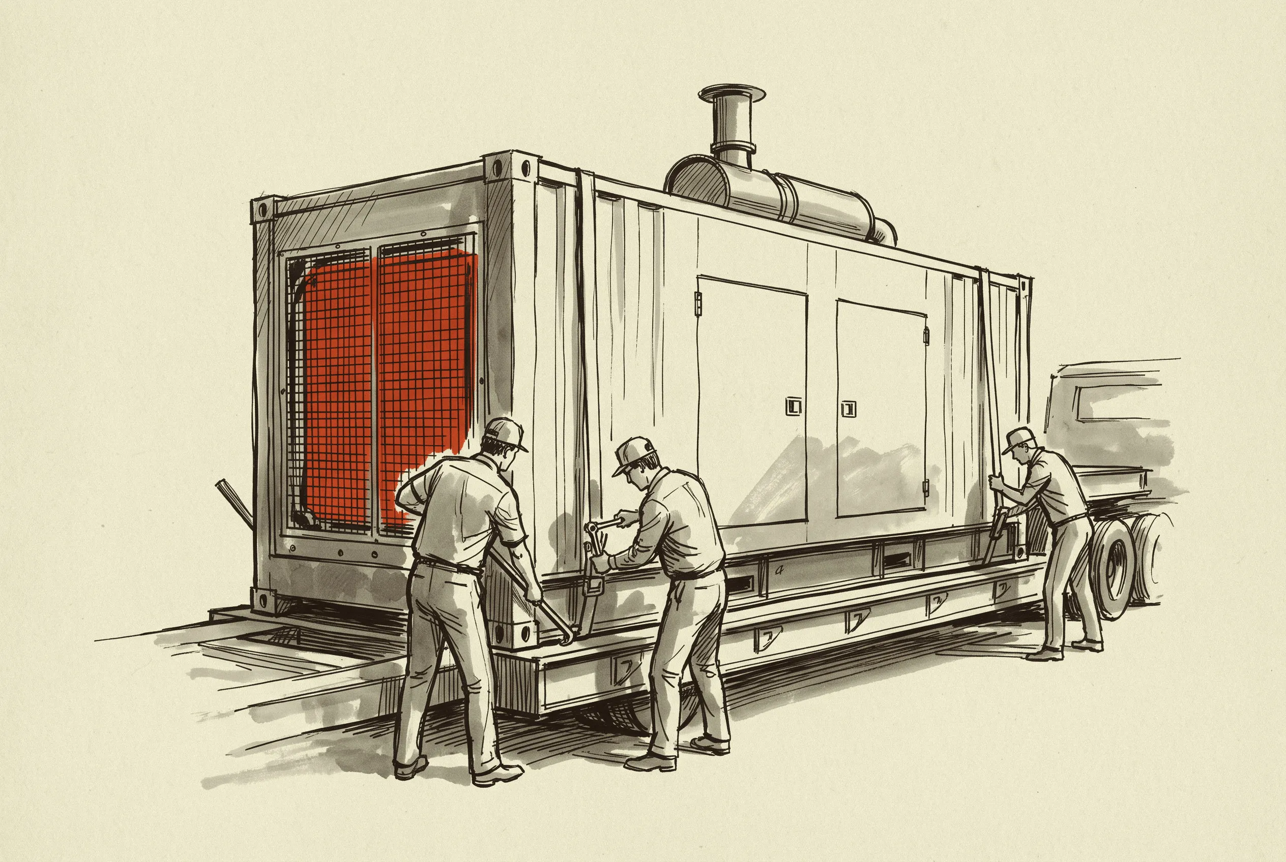 An enclosed diesel generating set arriving on a trailer with its transport brackets being removed at the radiator end.