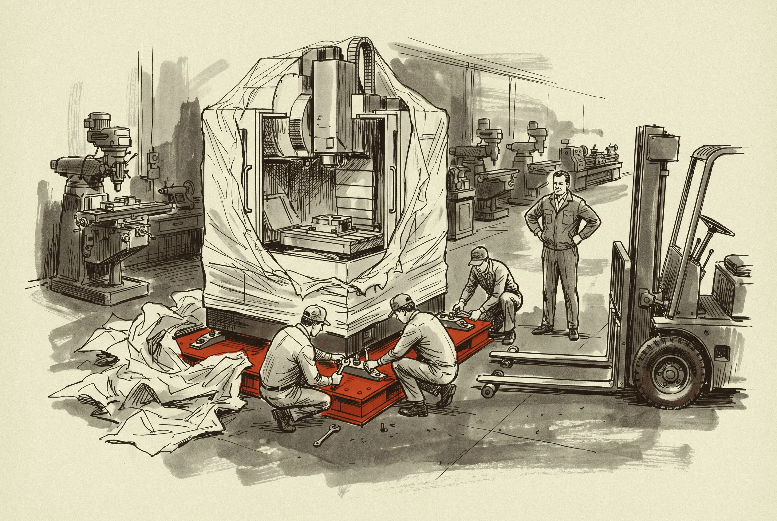 An imported five-axis machining center coming off its shipping skid on a job shop floor.