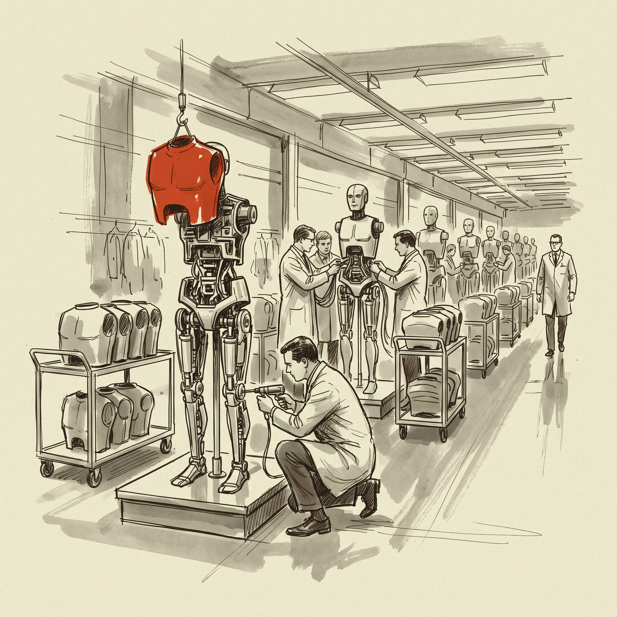 Humanoid robots on build stands in a vendor's assembly hall, the capacity that decides whether a backlog can ship.