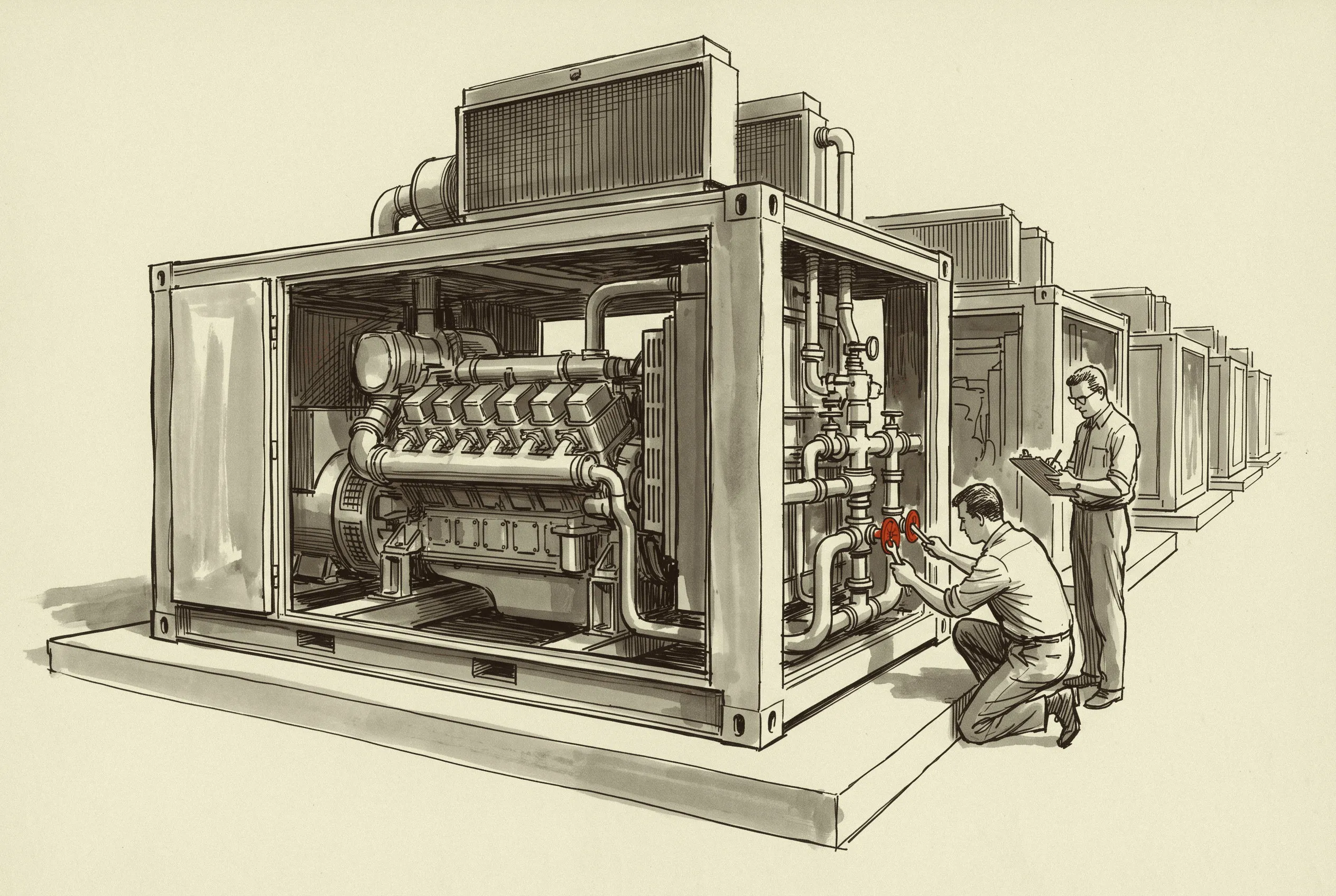 A twenty-five megawatt gas engine pack with its side panel off and the gas train exposed.