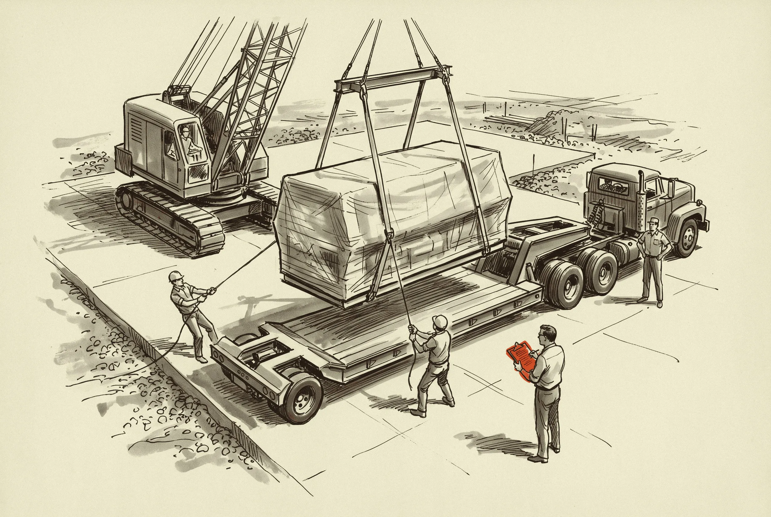 An owner-furnished machine coming off the trailer at the pad, where title and risk of loss pass to the buyer.
