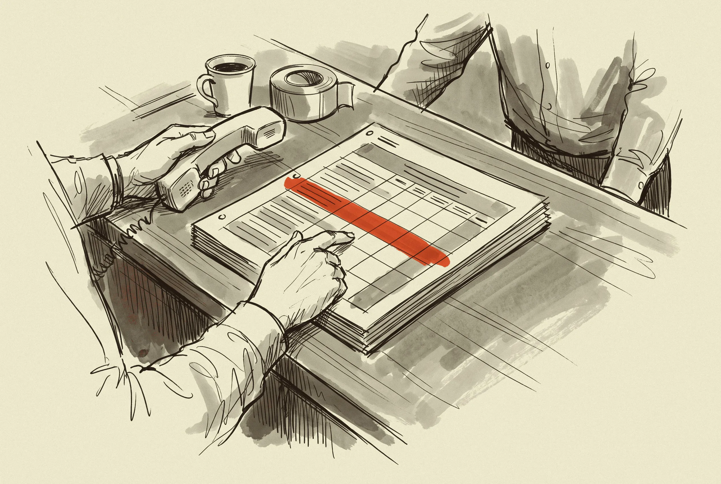 A buyer working down the printed monthly lead-time guide at a distributor counter.