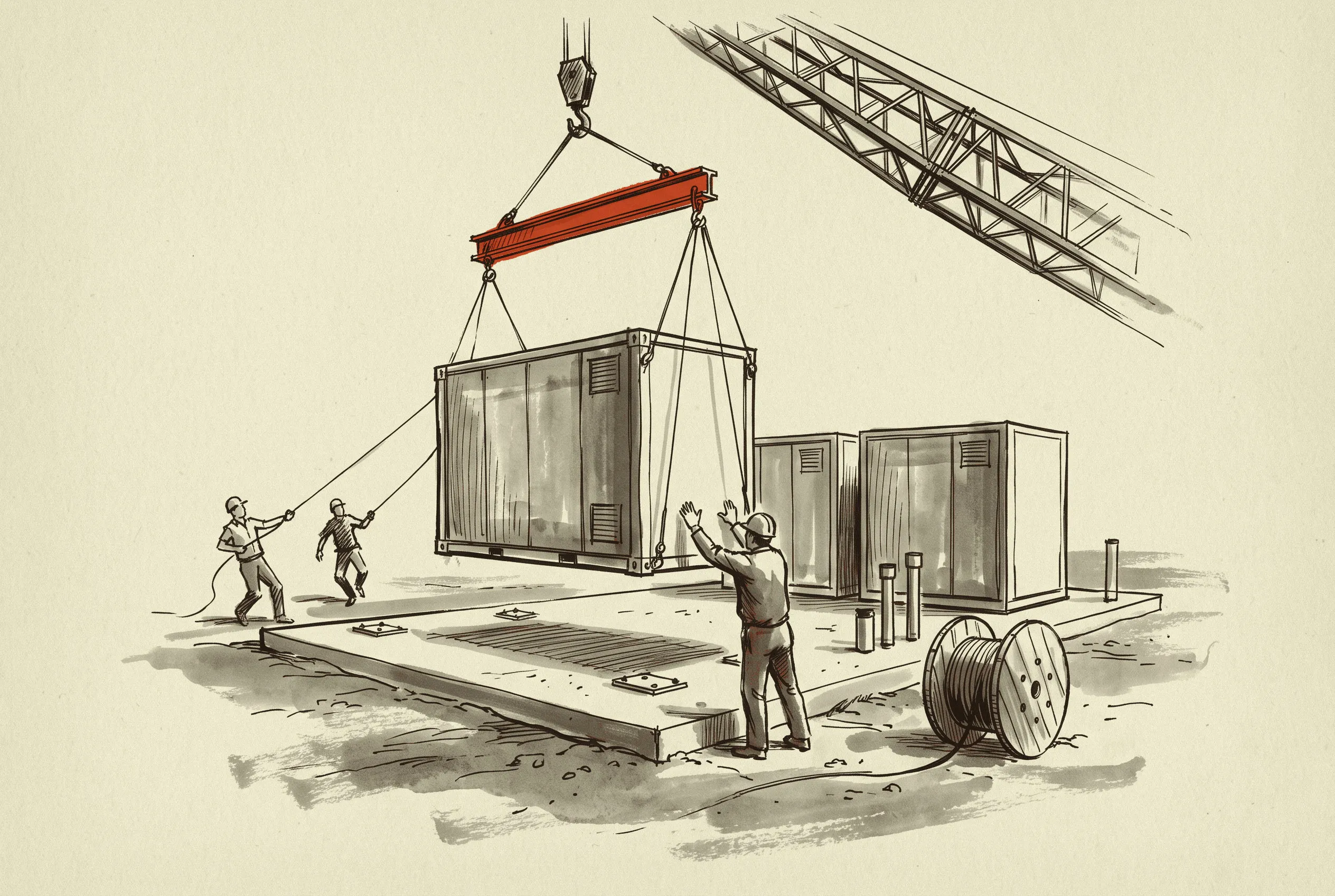 A four-megawatt-hour battery enclosure is set on its anchor plates, the installed cost of the block being mostly what happens on this pad.