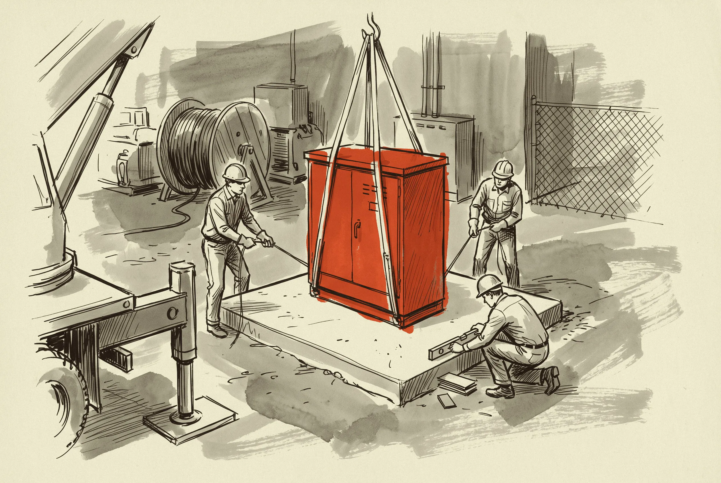 A pad-mounted medium-voltage switch is set on its pad at a municipal electric department.