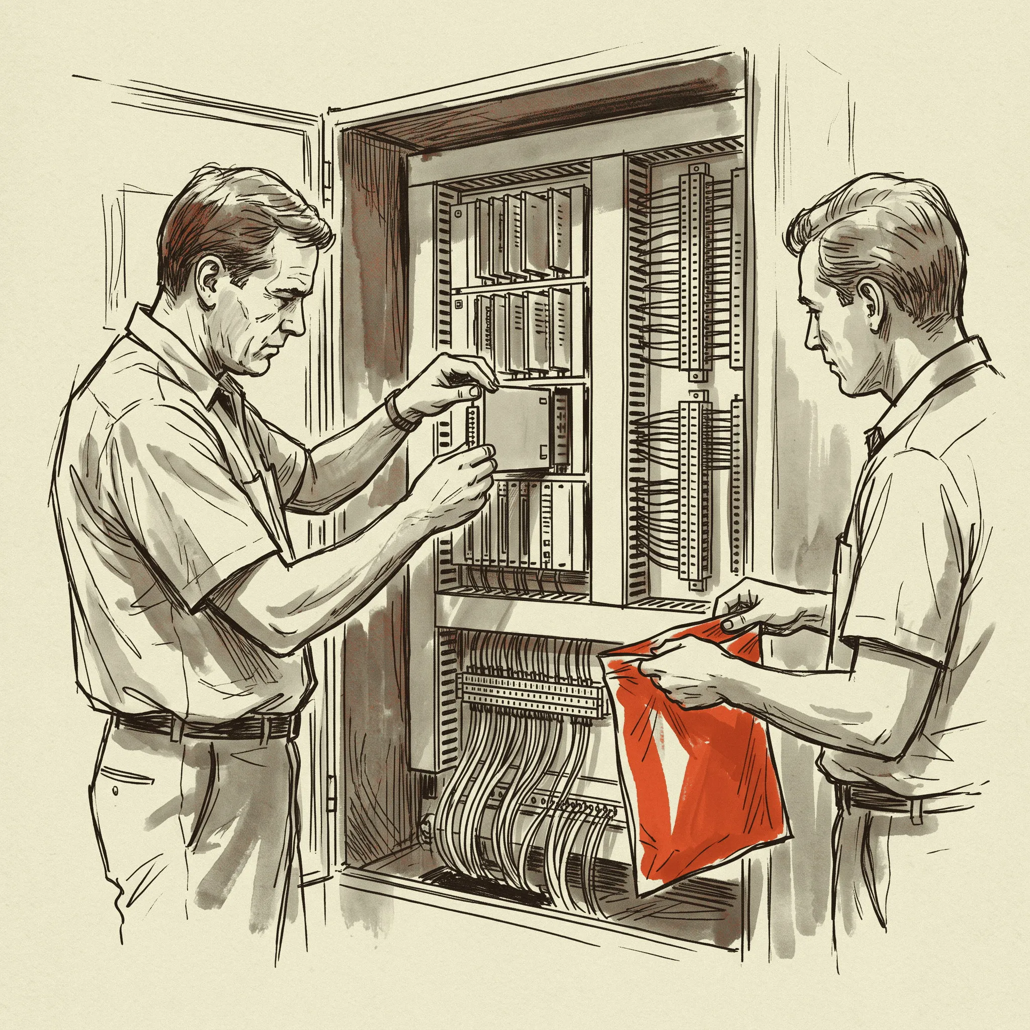 A processor card being pulled from a control panel rack while its replacement waits in an anti-static bag.