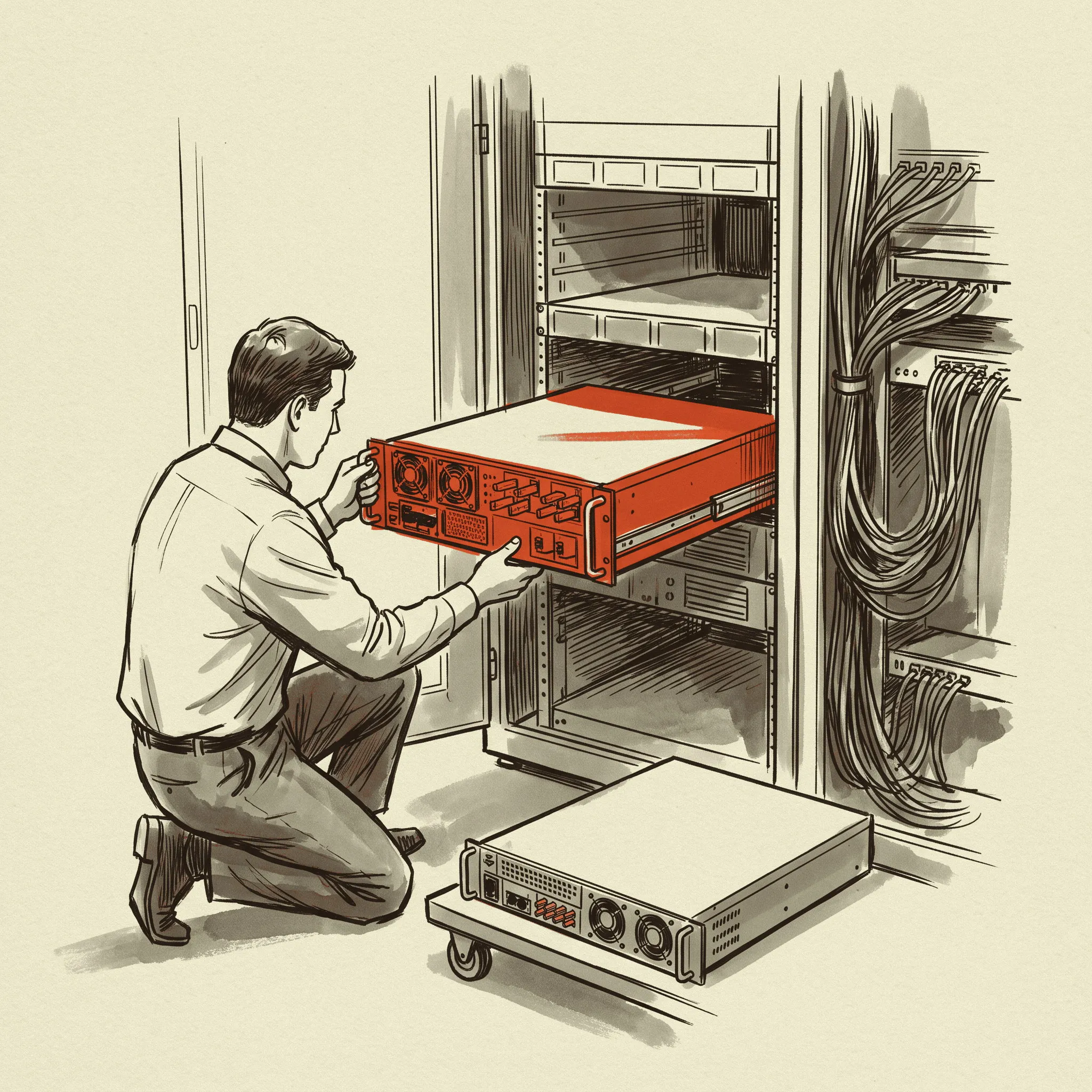 A rack power shelf being withdrawn from its bay, the conversion stage that leaves the rack under 800 volt direct current.