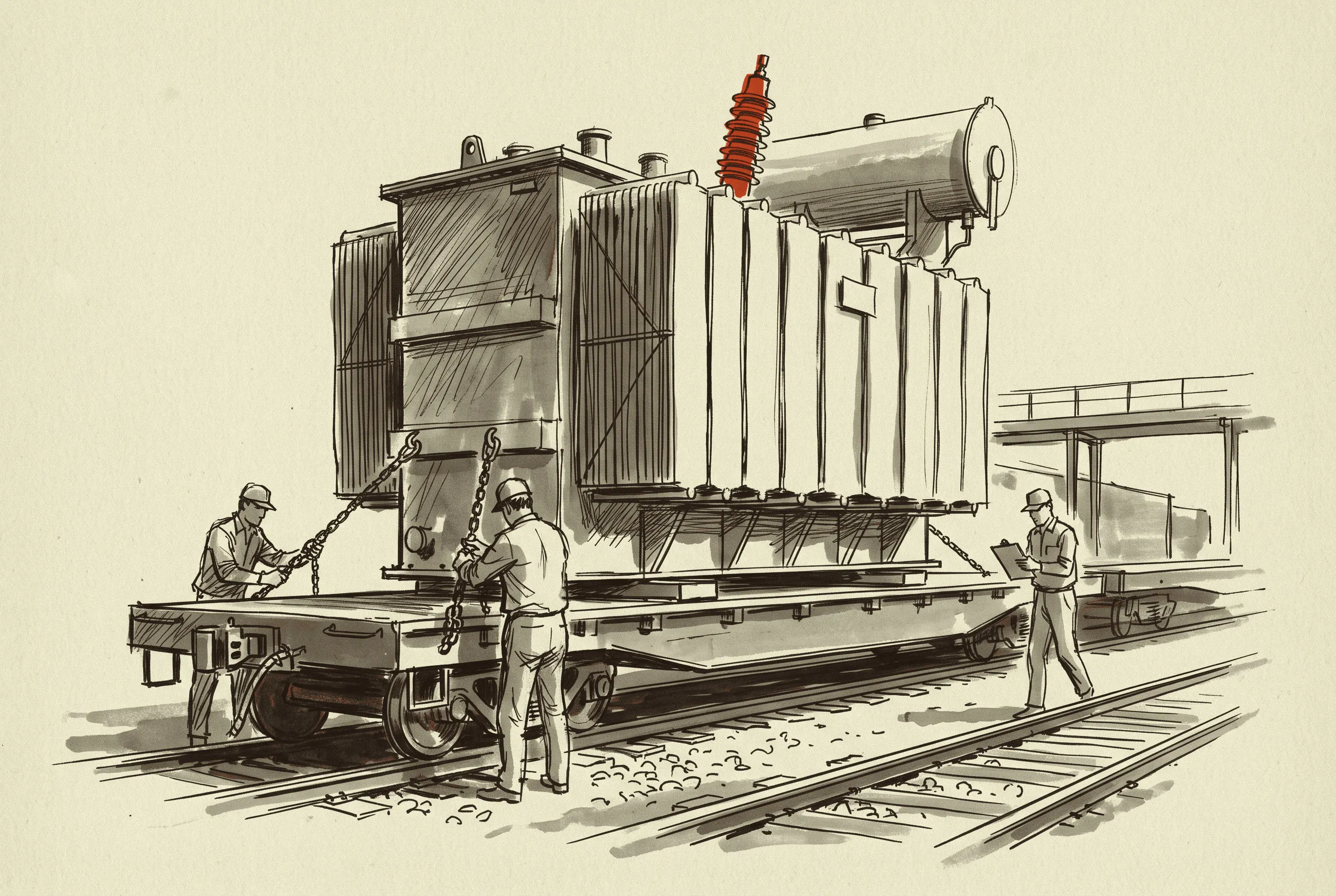 A large power transformer chained to a flatcar at the plant siding before shipment.