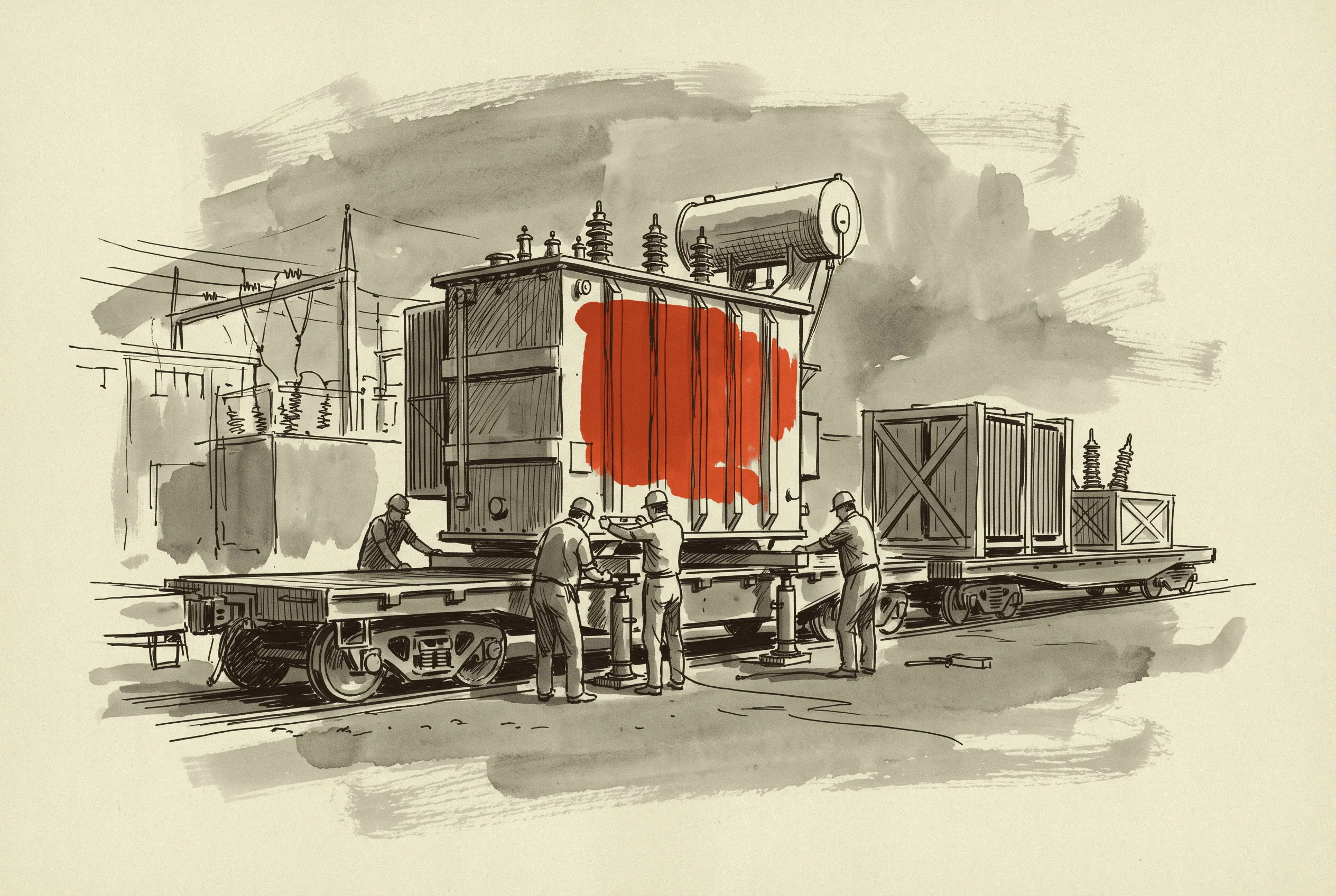 A large power transformer arriving on the spur at a plant substation, the item with the longest lead time in the order book.