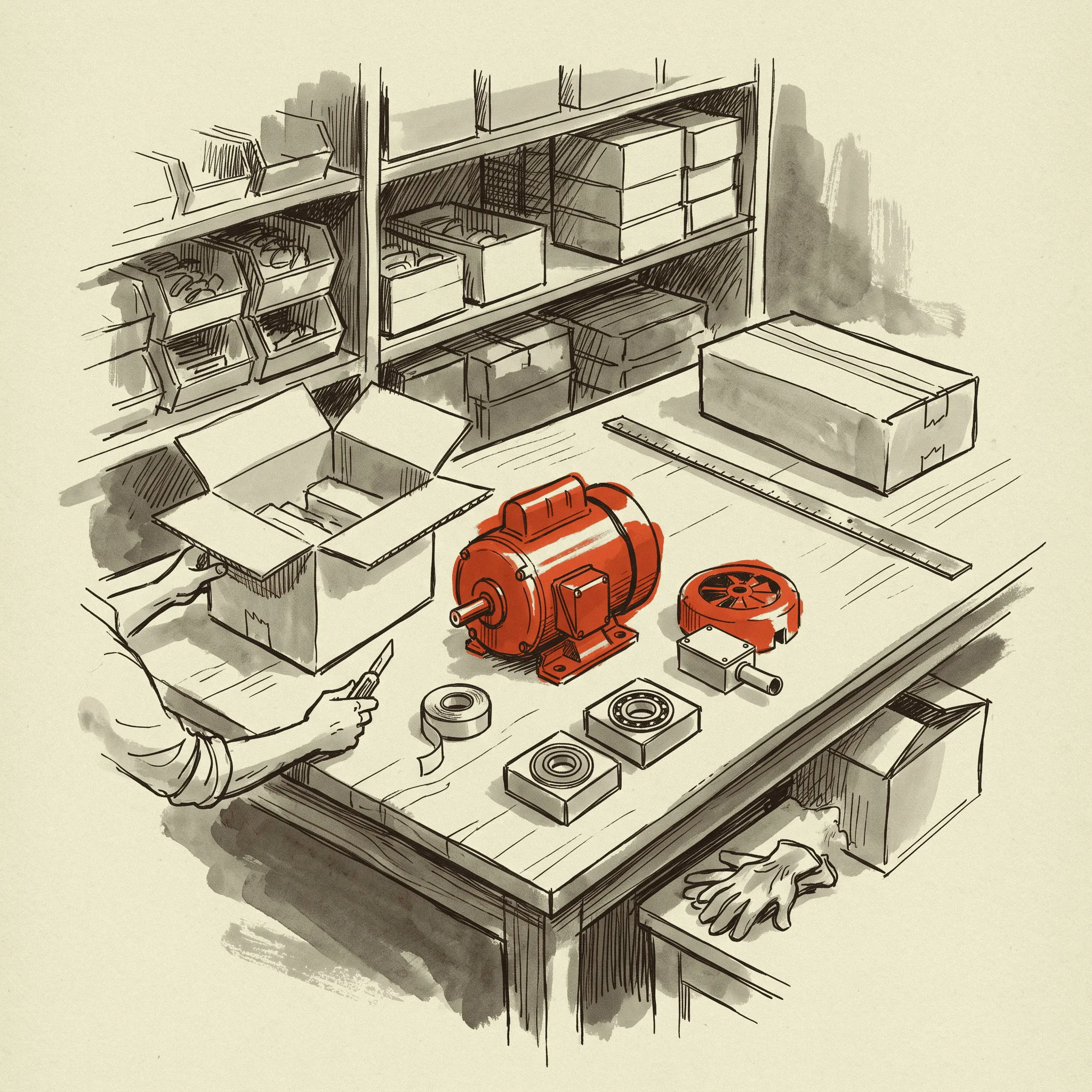 A house-brand motor unpacked at the receiving bench, the kind of item whose contract price sits deepest below its own reference price.