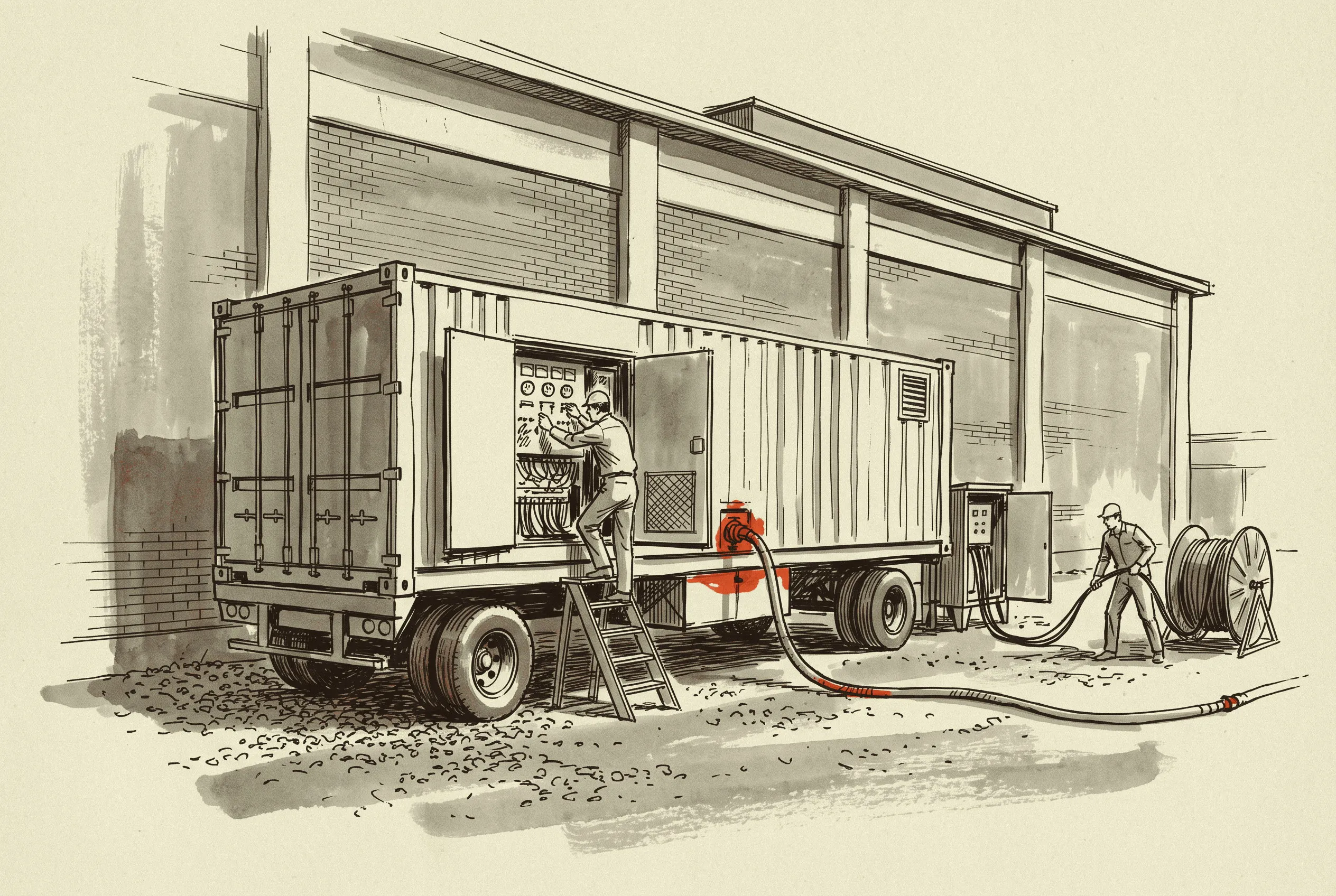 A rented two megawatt diesel unit standing in for a service that has not been energized.
