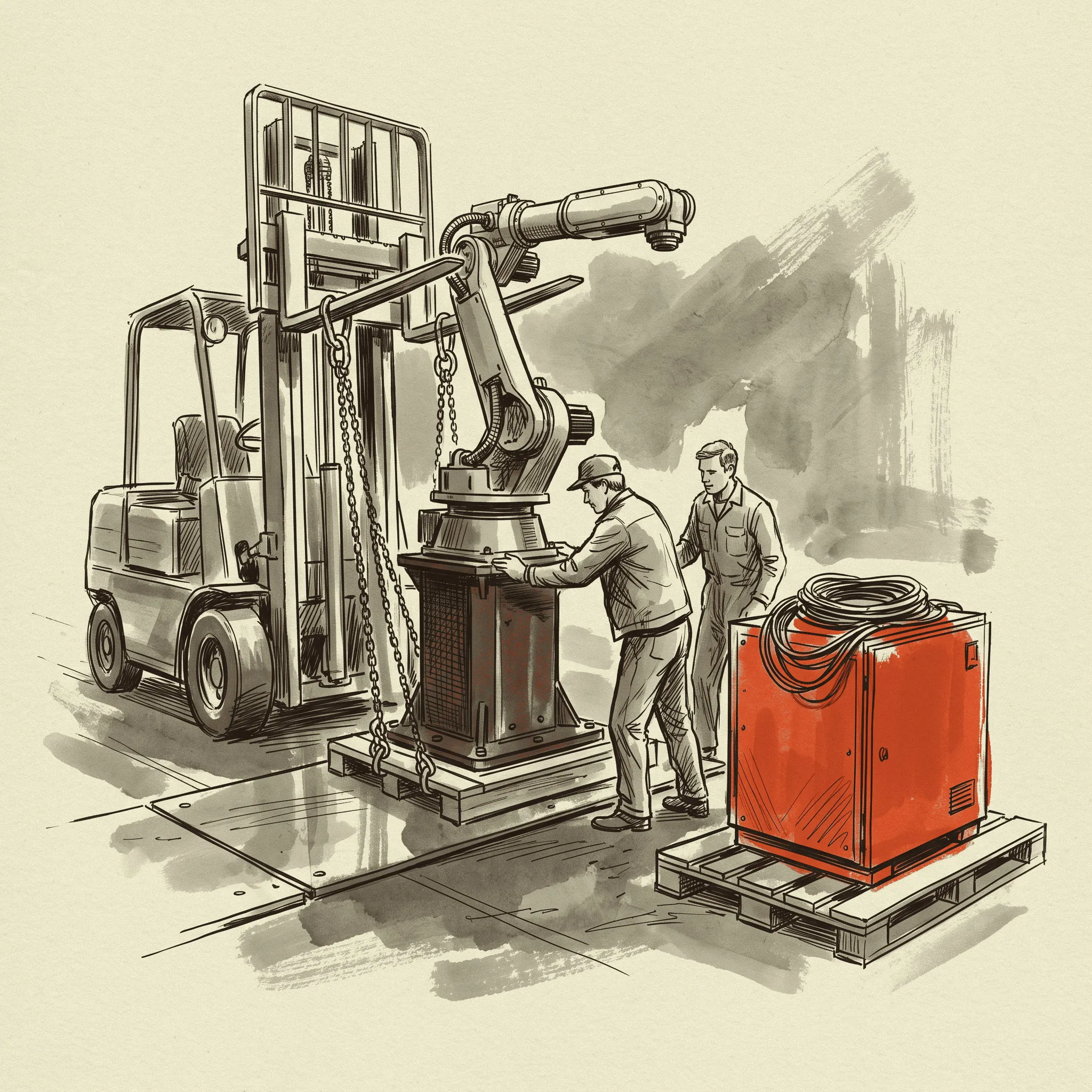 Riggers move a used six-axis arm and its controller after the hammer falls.
