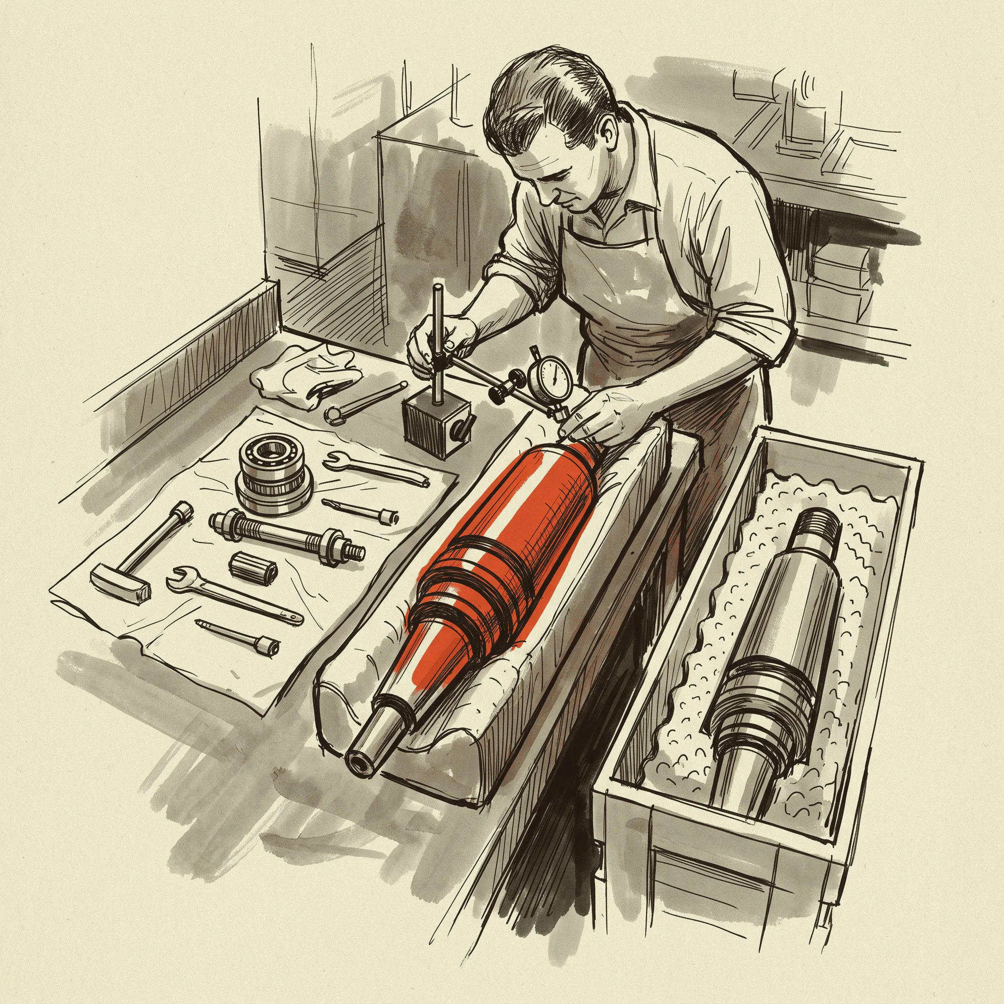 An integral spindle cartridge out of the machine and on the bench, the one wear item that becomes a capital event.