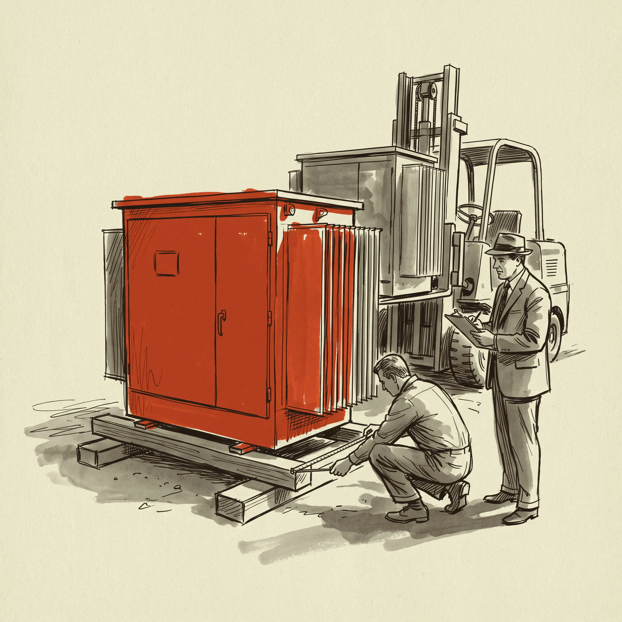 A pad-mount transformer sitting in a distributor's yard, available in weeks rather than years because the customer buys it.