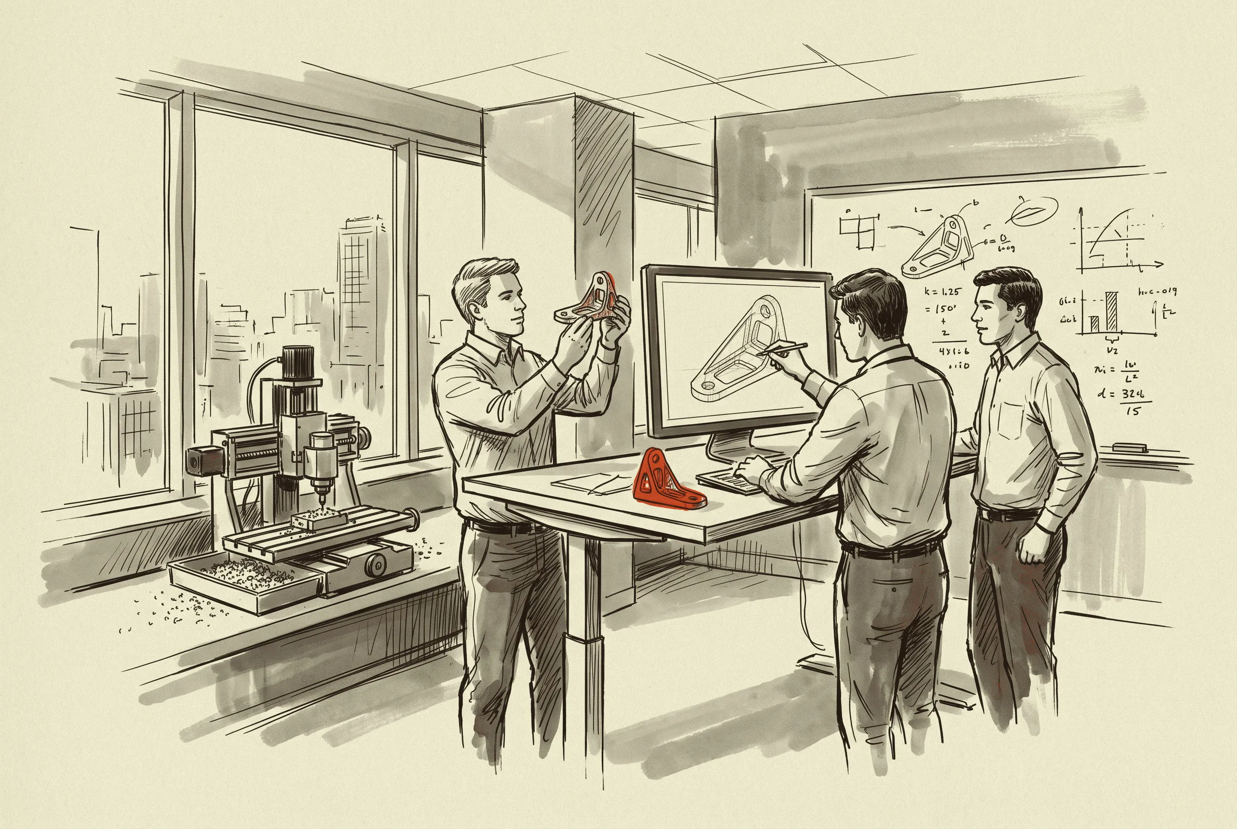 Engineers checking a machined bracket against the geometry the agent programmed it from.