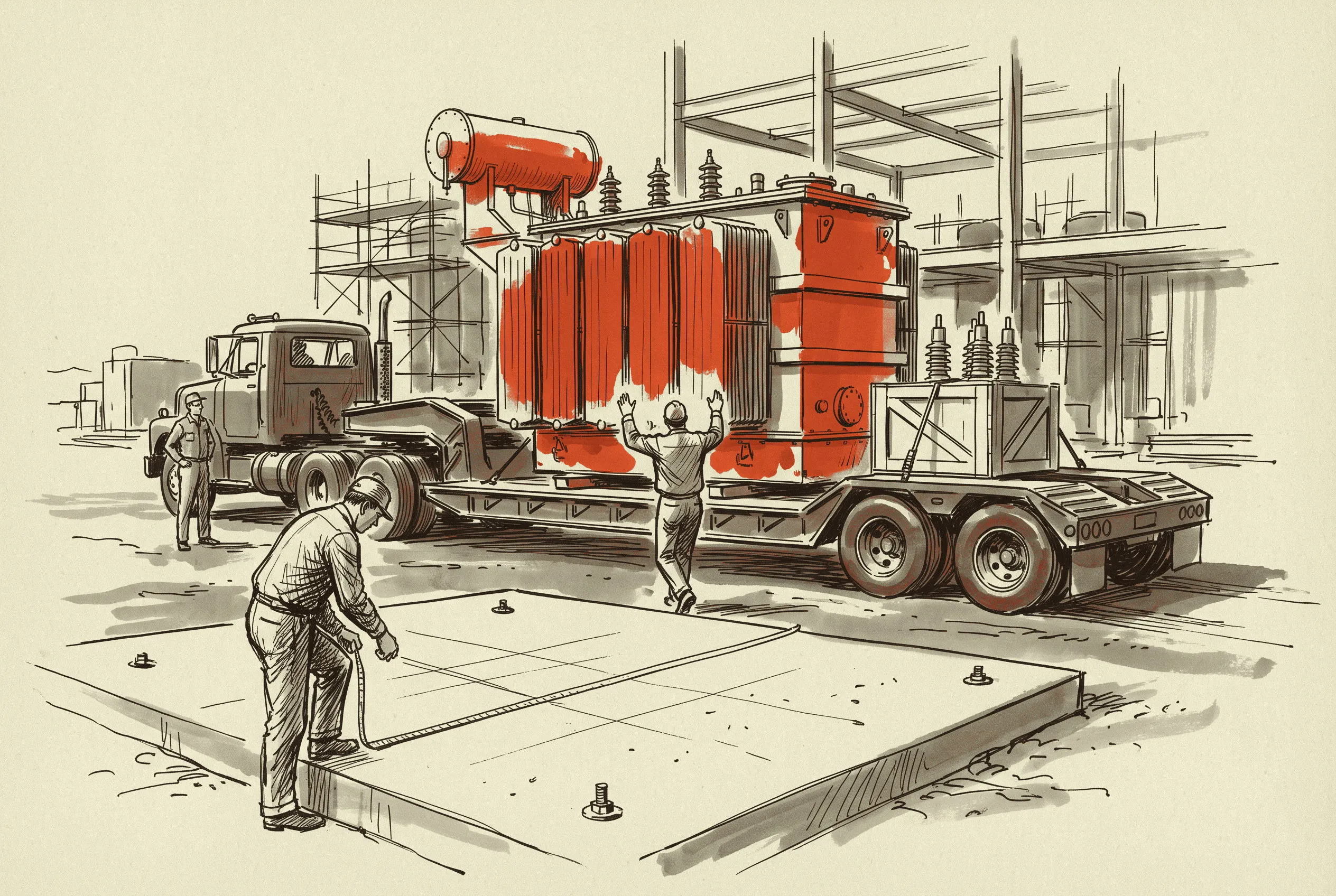A substation transformer reaching site, the long-lead item that decides when the generators can actually be energized.