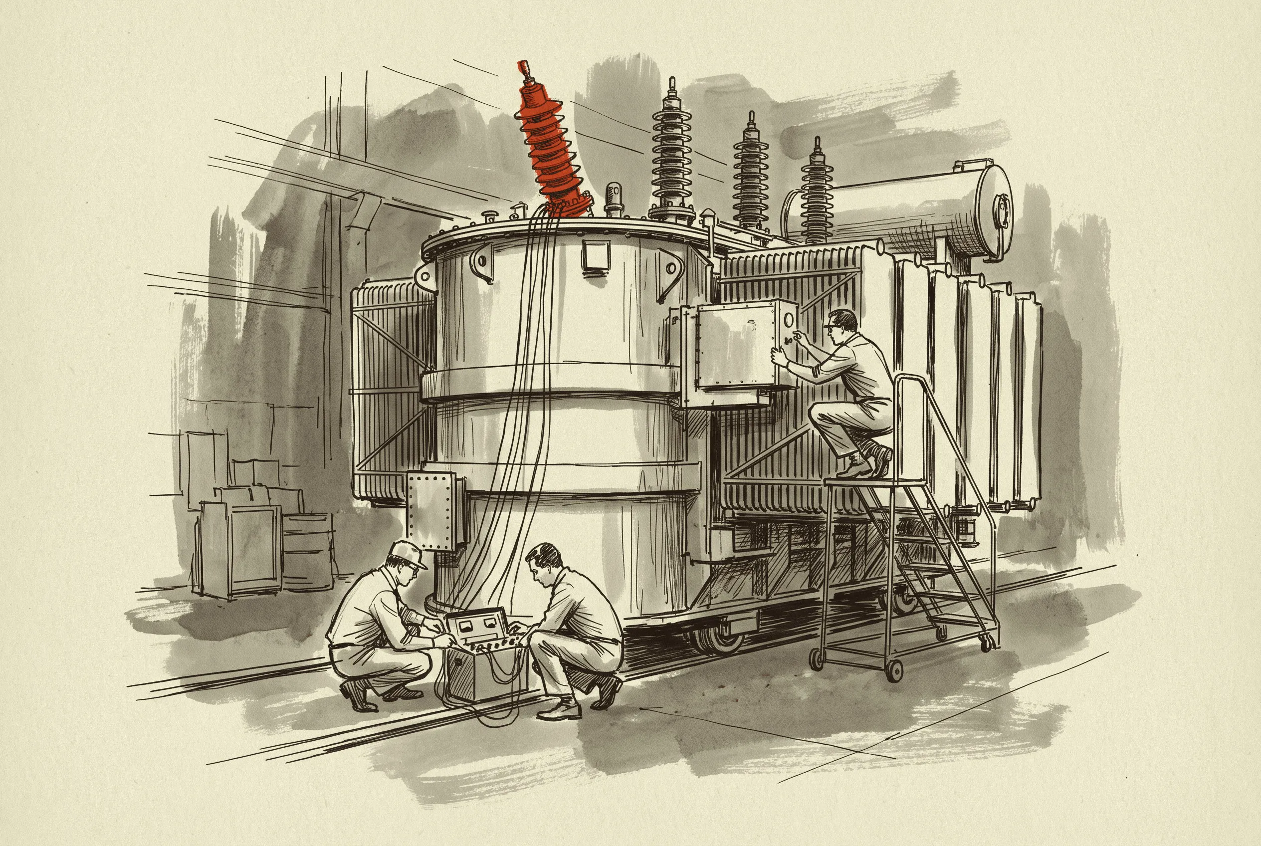 A large power transformer under test before shipment, the product behind the longest lead times in the table.