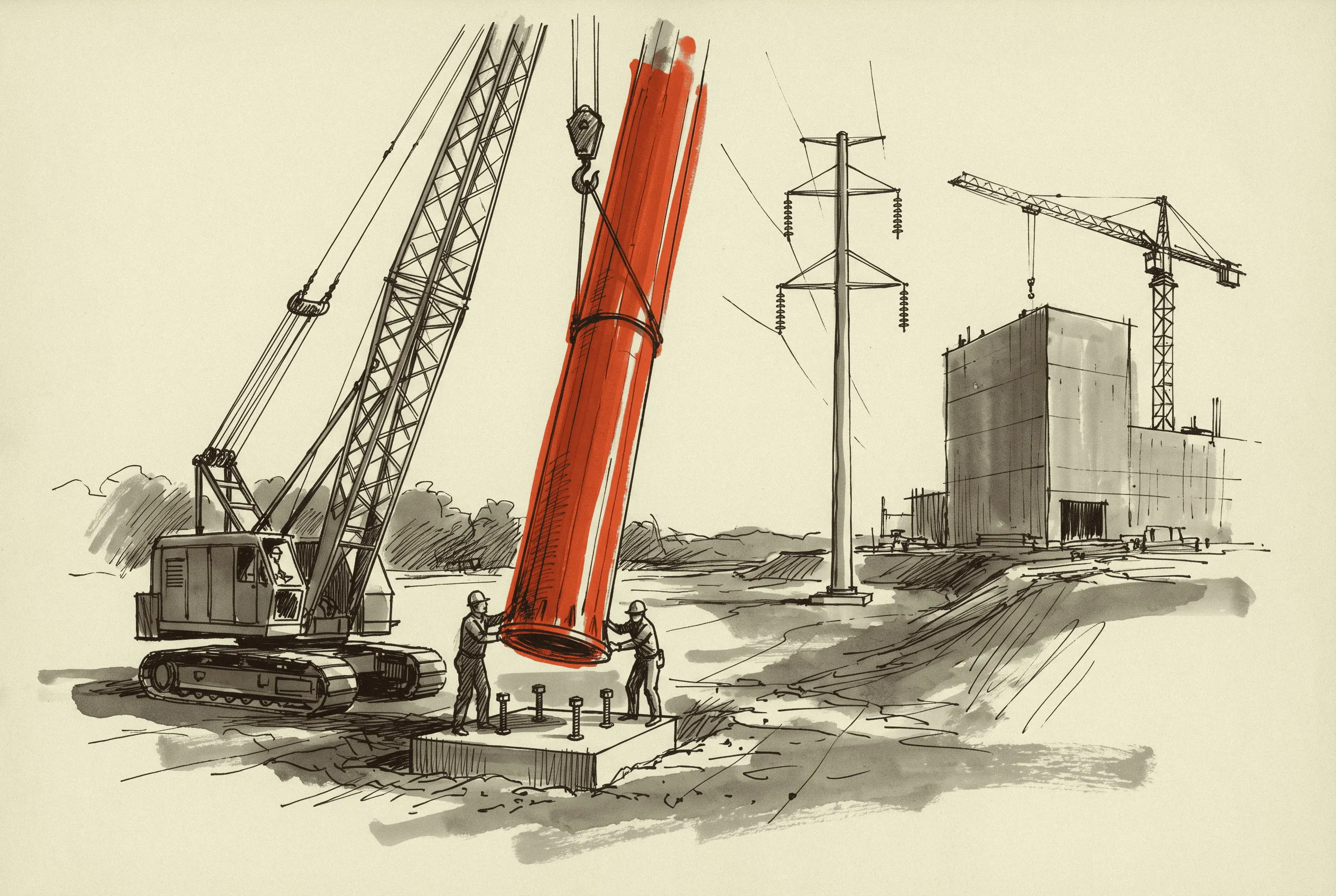 A new transmission pole going up on the line that has to reach the load before it can be served.