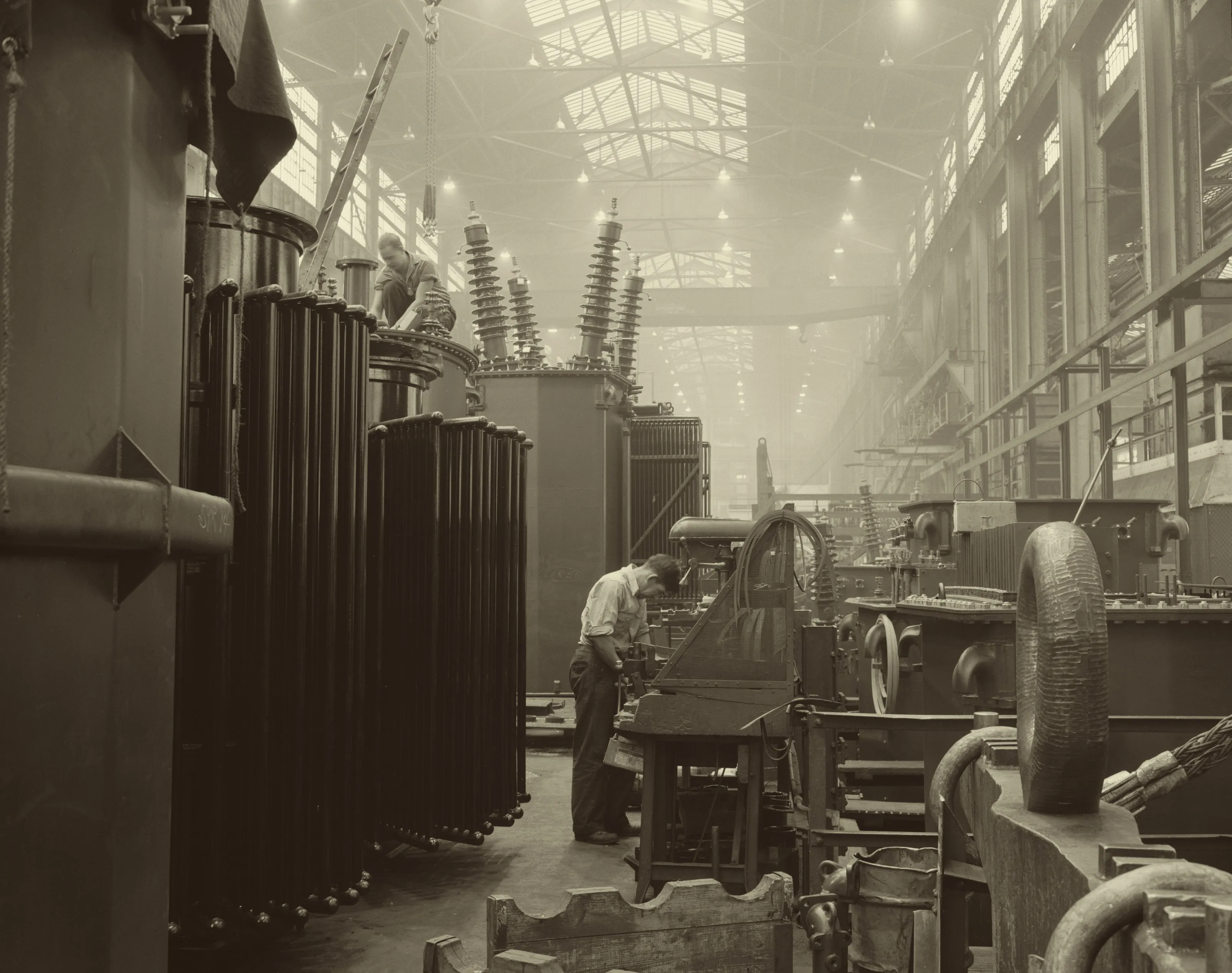 Large power transformers prepared for testing, Westinghouse plant, Sharon, Pennsylvania, 1942
