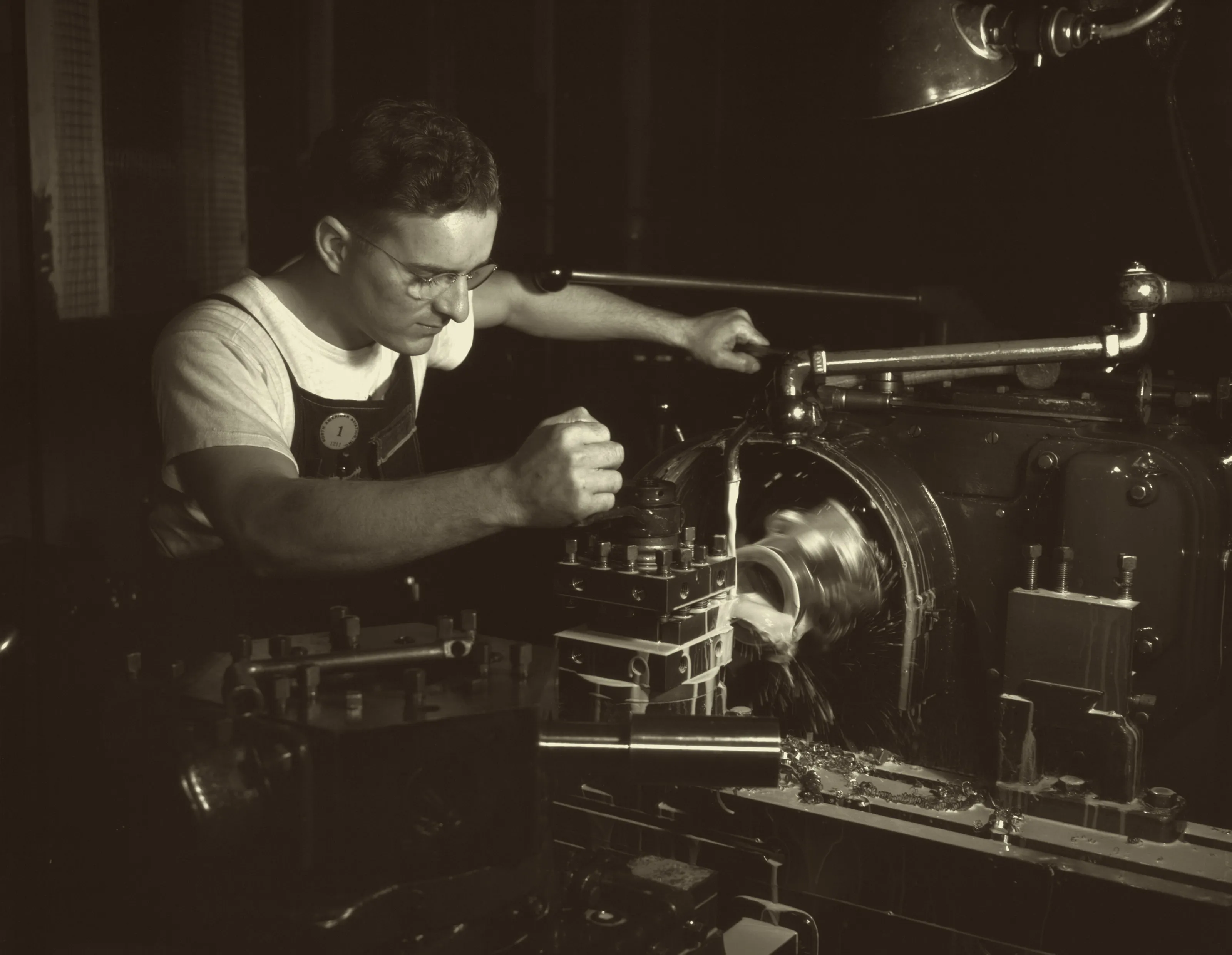 Turret lathe in the North American Aviation machine shop, Inglewood, California, 1942