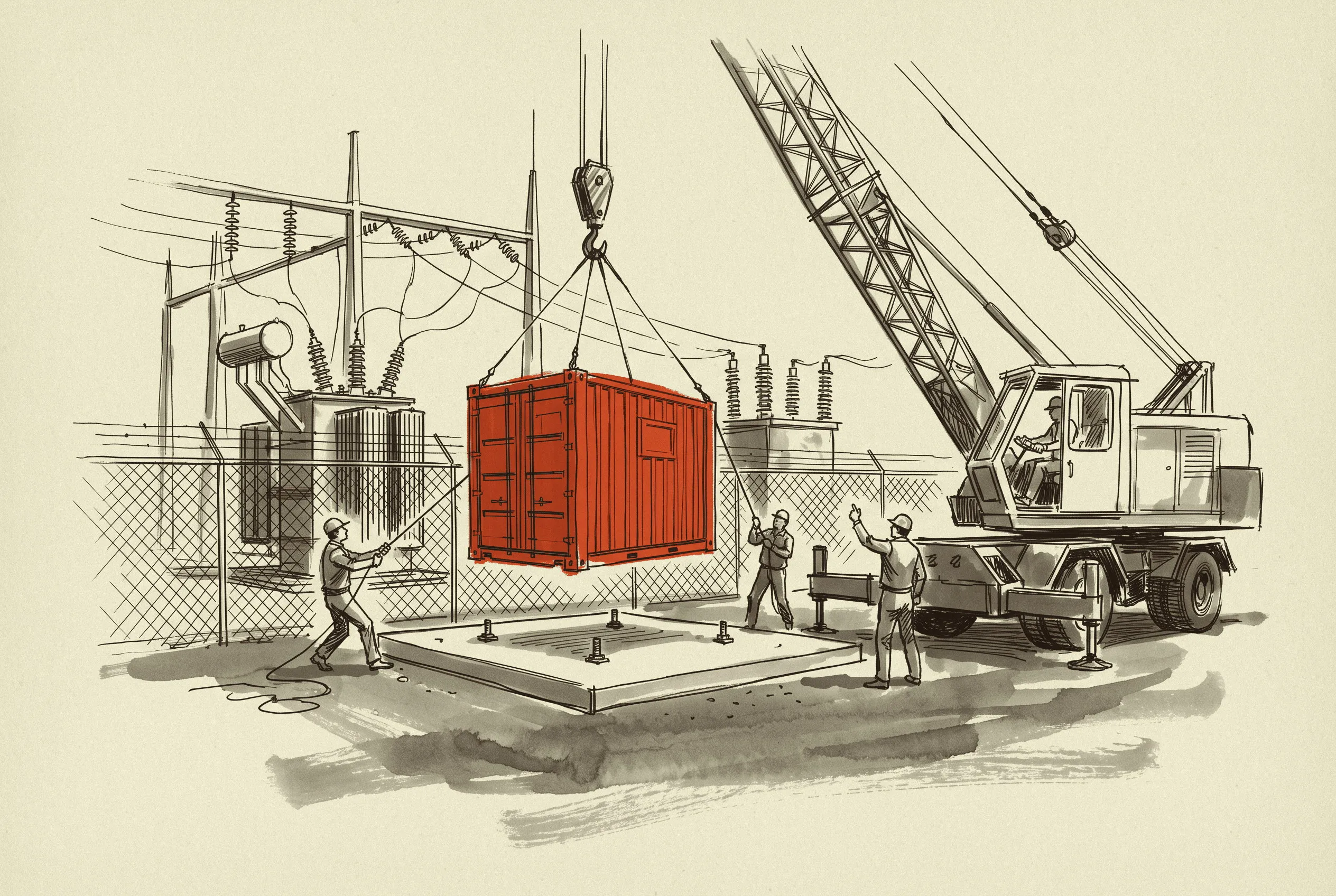 A containerized battery set on its pad beside the plant substation, sized to shave load in the peak hours.