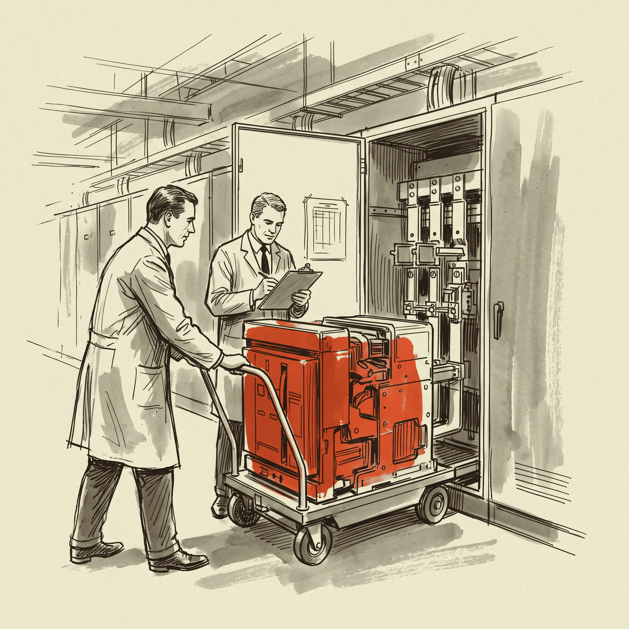 A draw-out circuit breaker being racked out during factory testing.