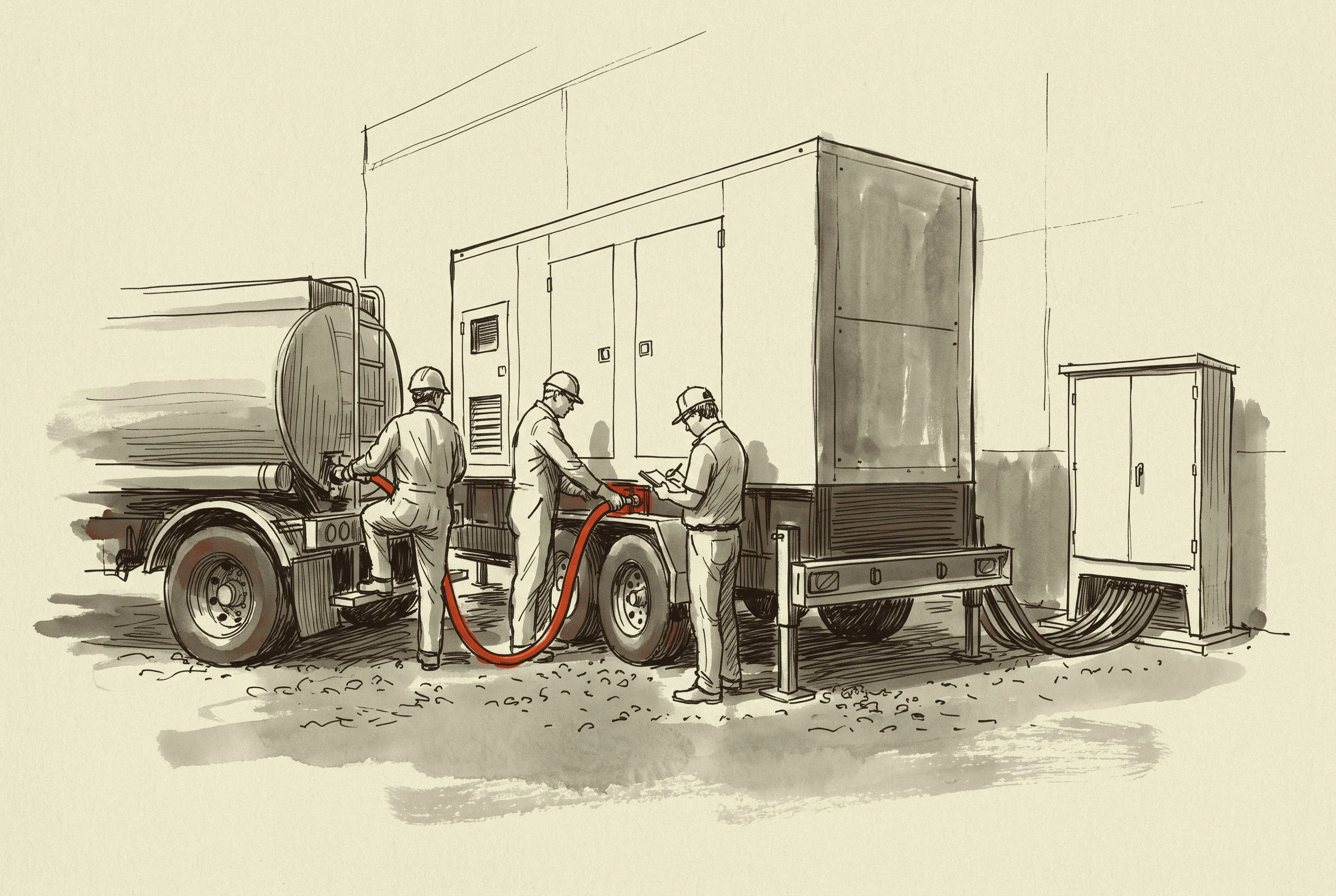 Refuelling the two megawatt rental unit that carries the plant through the months the schedule cannot recover.
