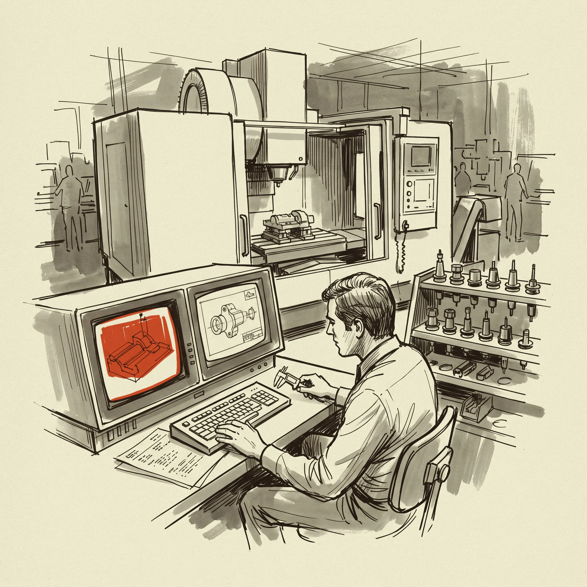 A CAM programmer at a shop-floor workstation beside a horizontal machining center, the seat two software startups are selling into.