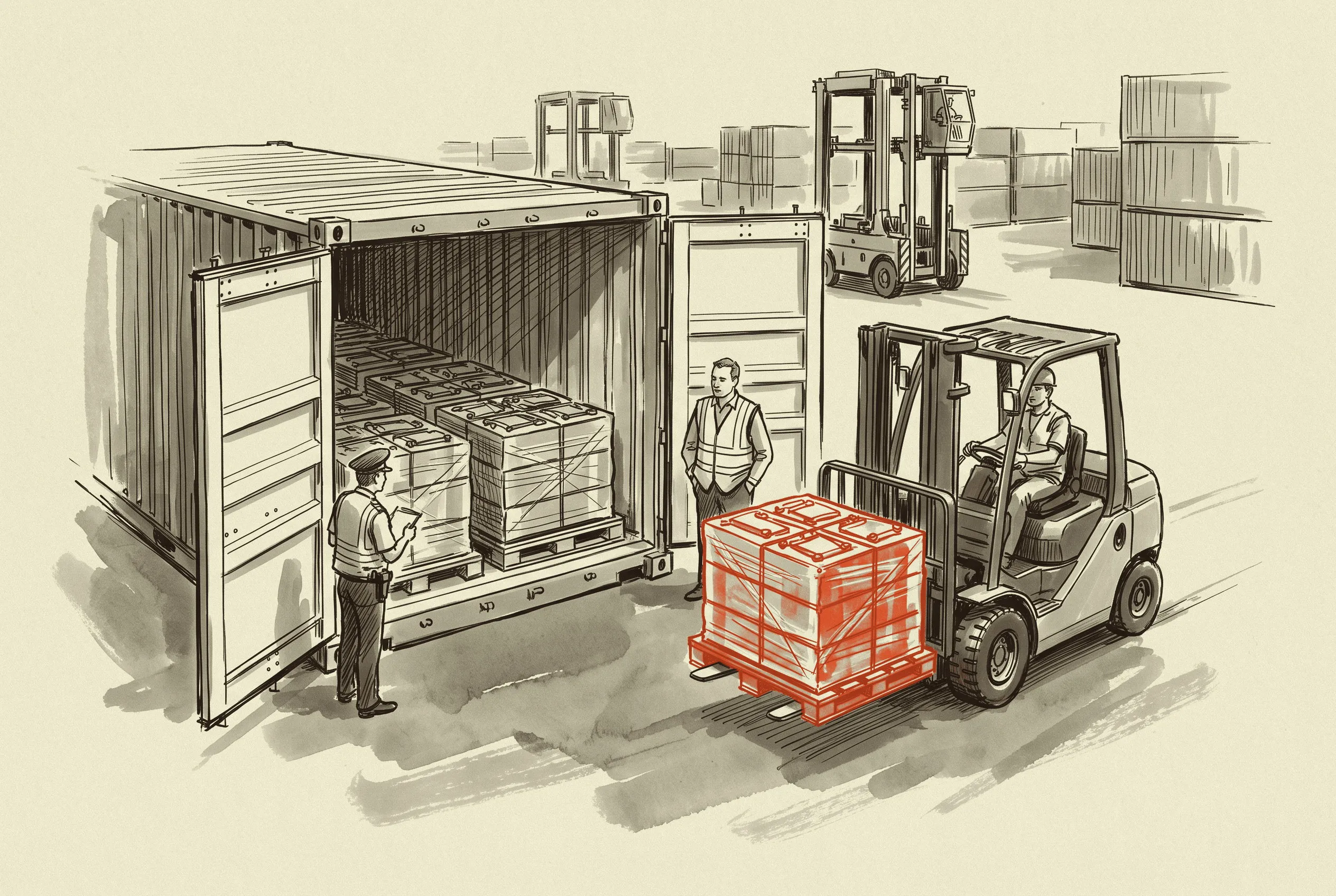 Imported storage cells are checked at the dock, where the duty stack is decided line by line on the entry paperwork.