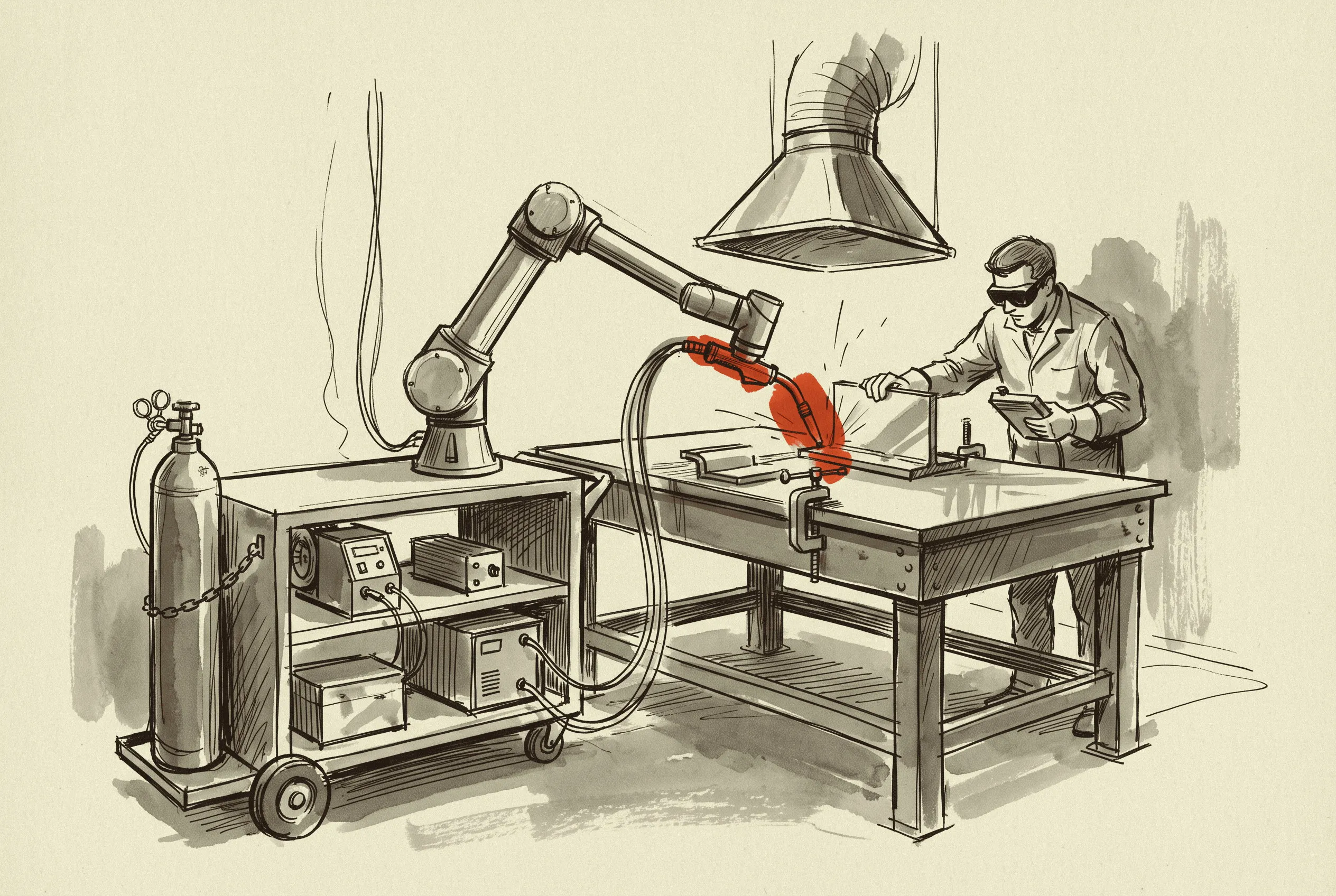 A cobot welding cart at a fixture table with the power source and feeder carried under the deck.