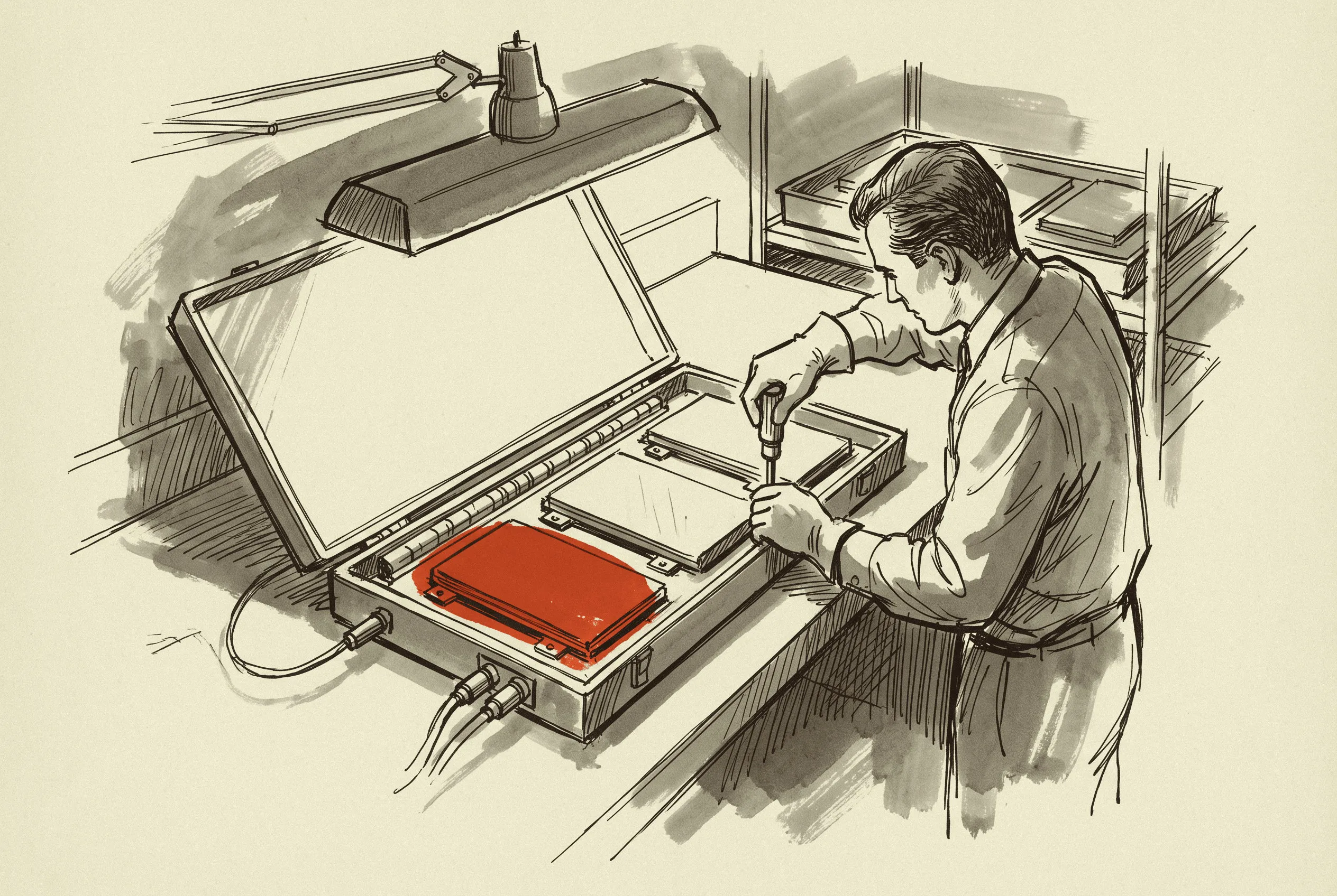 Cold plates being fitted to a compute tray on the assembly bench.