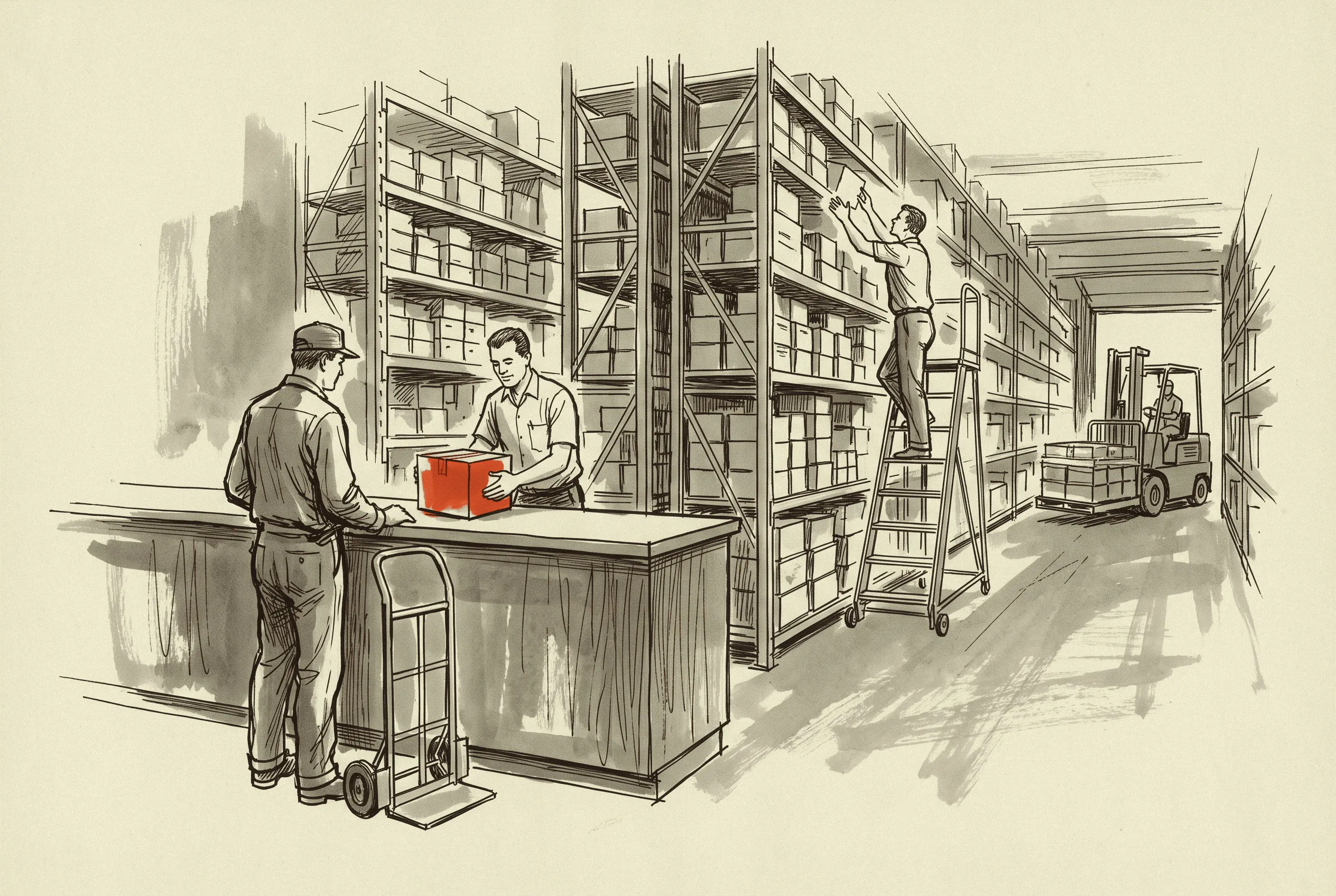 A plant electrician picking up controls at a distributor's will-call counter, where the adder lands on the invoice.