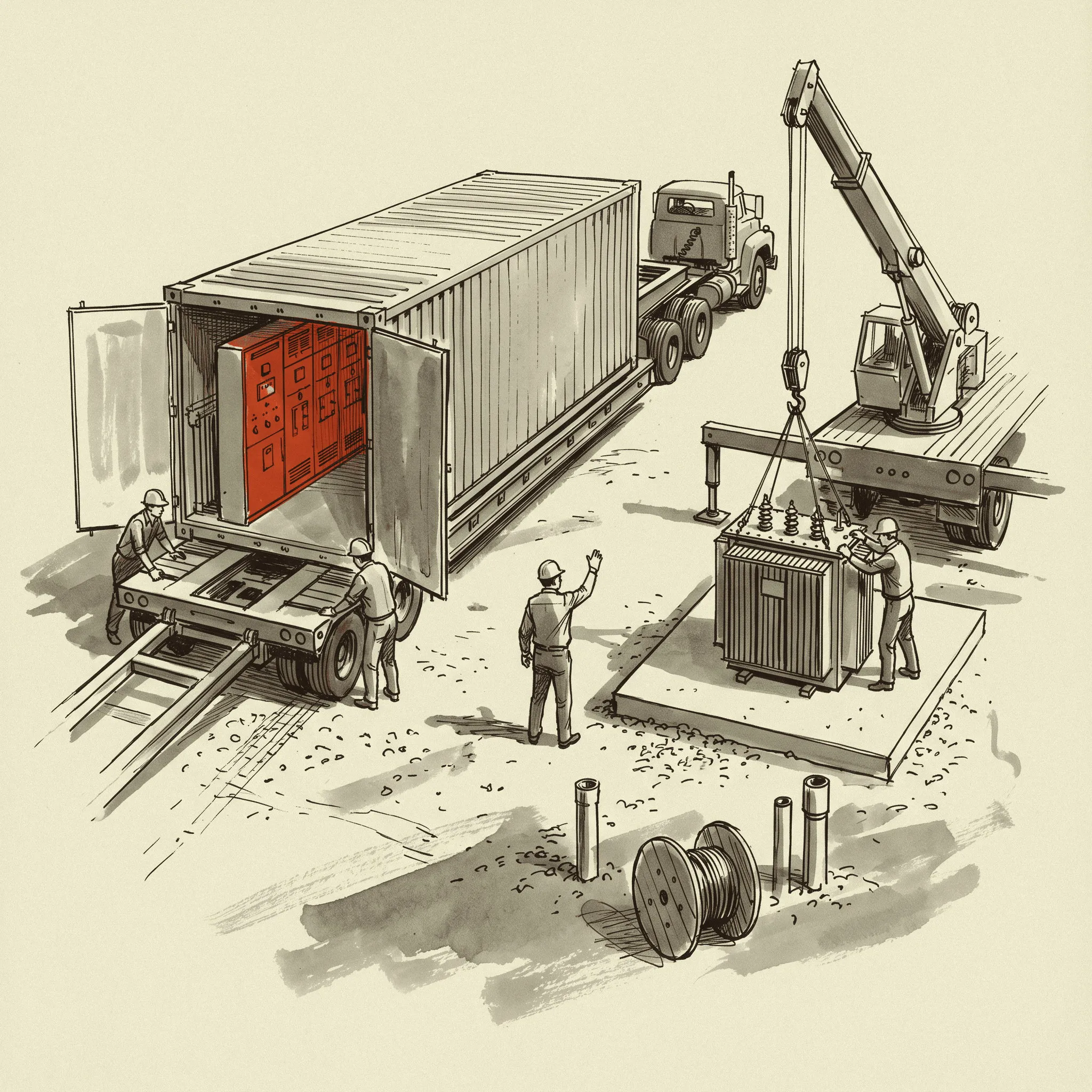 The e-house and the transformer arriving as two loads, which is what makes them two entry lines at two rates.