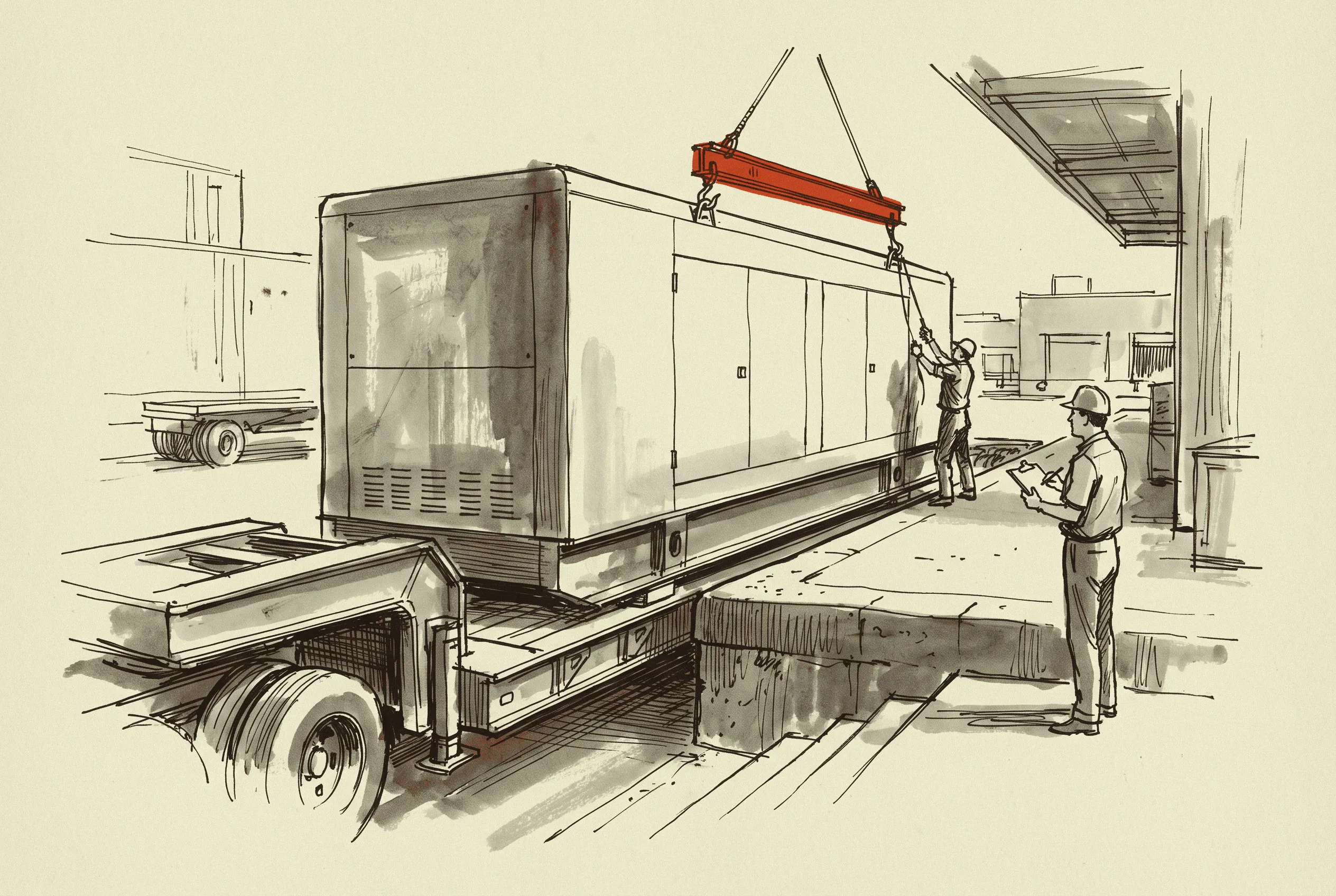 A packaged diesel generator set being rigged off its trailer at a site receiving dock.