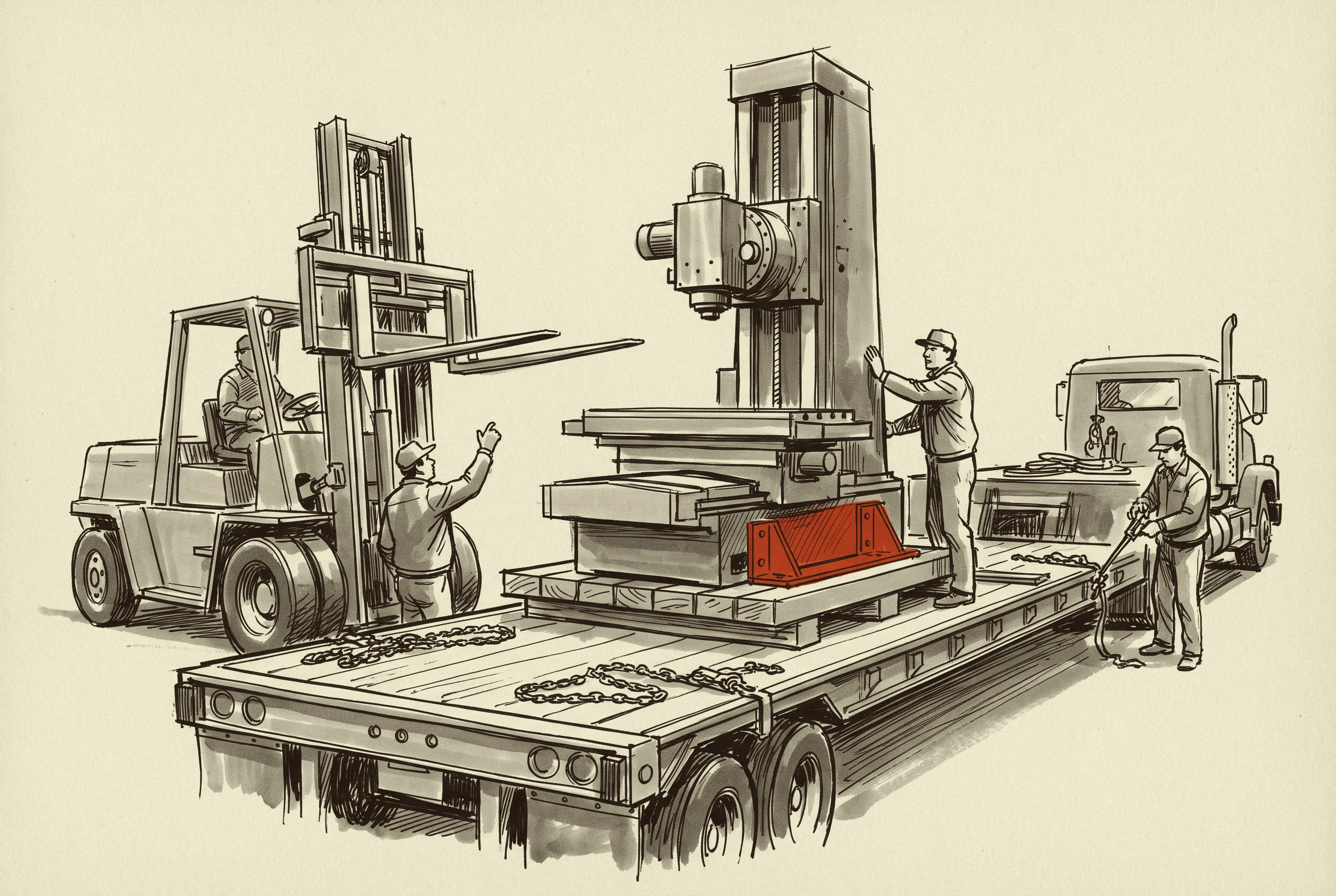 A nine thousand pound machining center going onto a step deck trailer within the auction's removal window.
