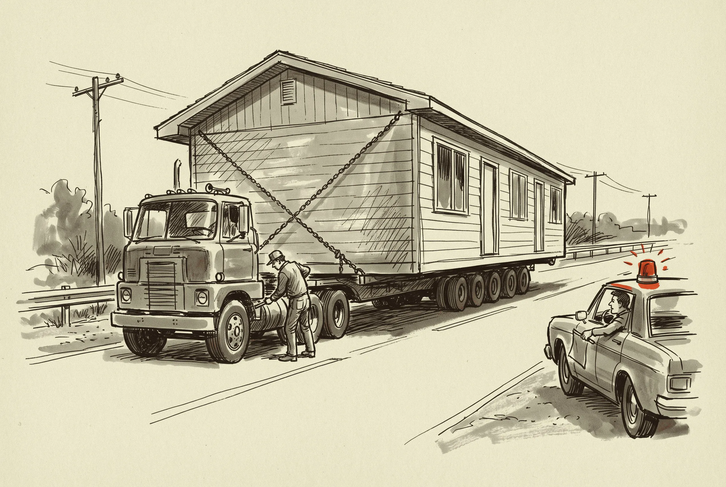 An oversize electrical house stopped on the shoulder with one of the escorts its width requires.