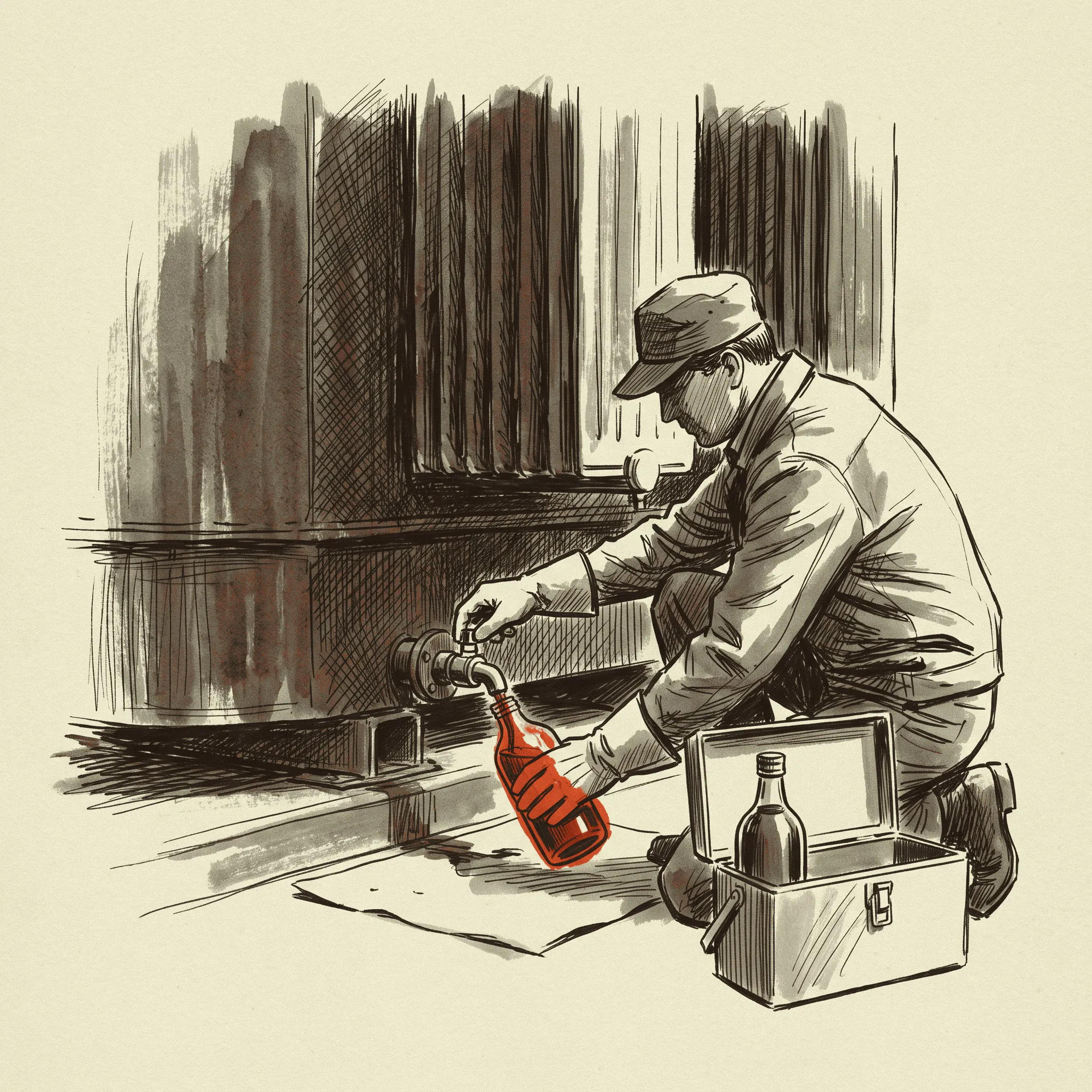 An oil sample drawn from a transformer drain valve for dissolved gas and screen testing.