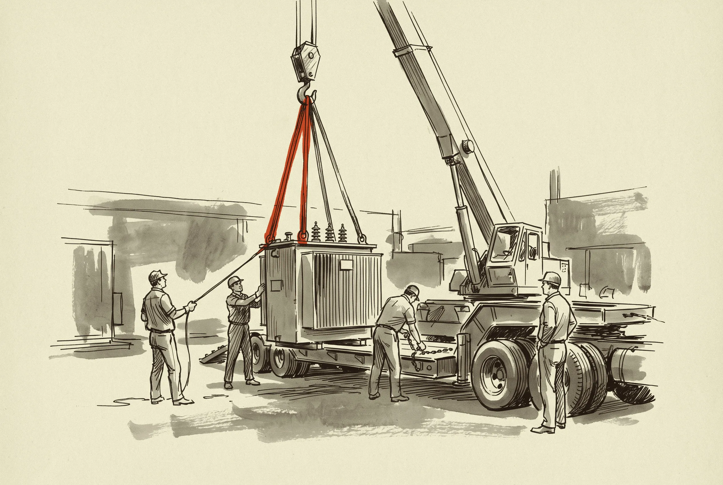 A pad-mount transformer coming off the trailer on the day the ordered slot finally delivers.
